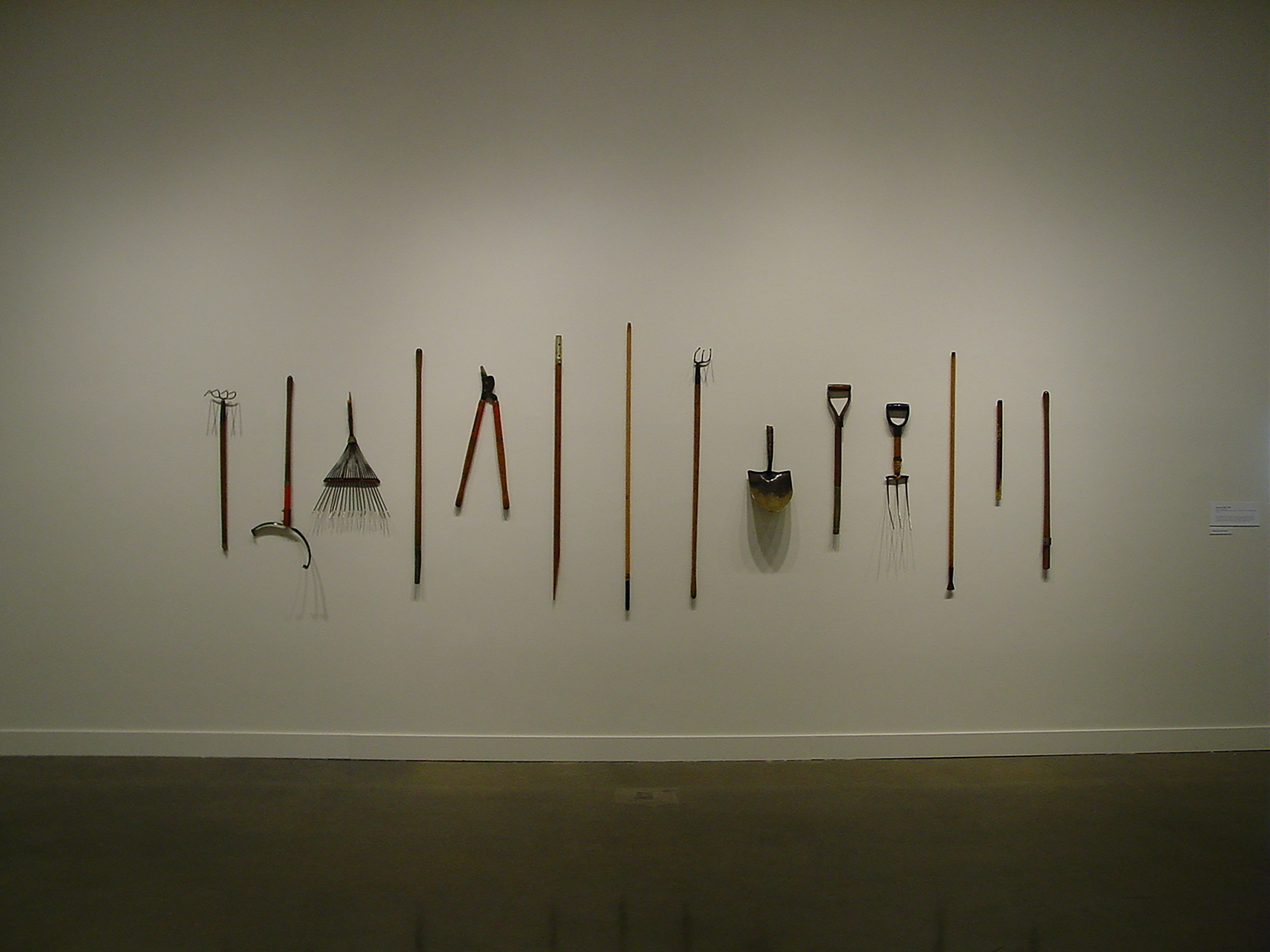 A variety of 14 garden tools hung at differing heights on a white wall, equally spaced, pointed up and down, casting shadows.