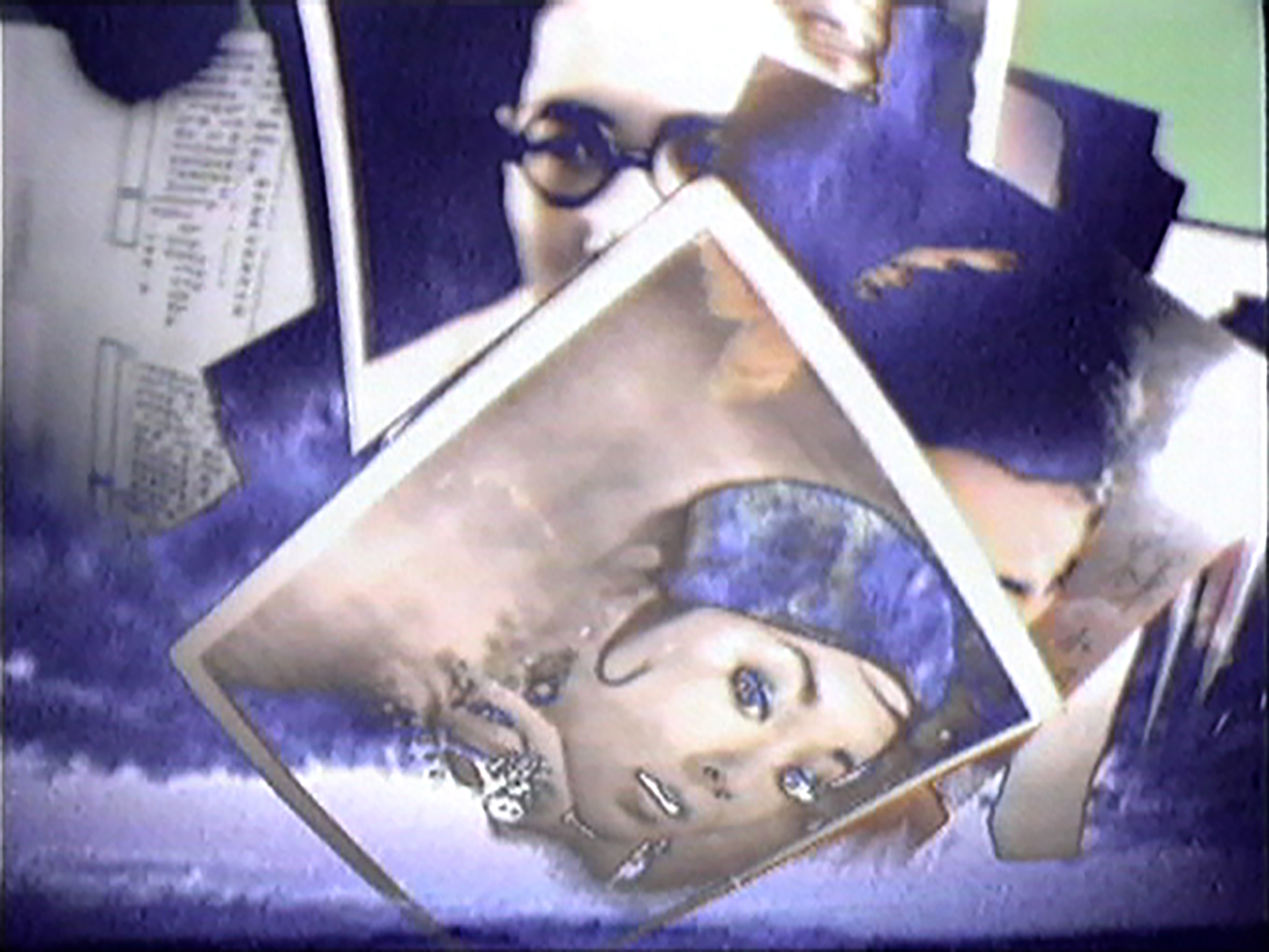 Archive style photos with a purple hue are layered on top of one another and appear to be floating above clouds.