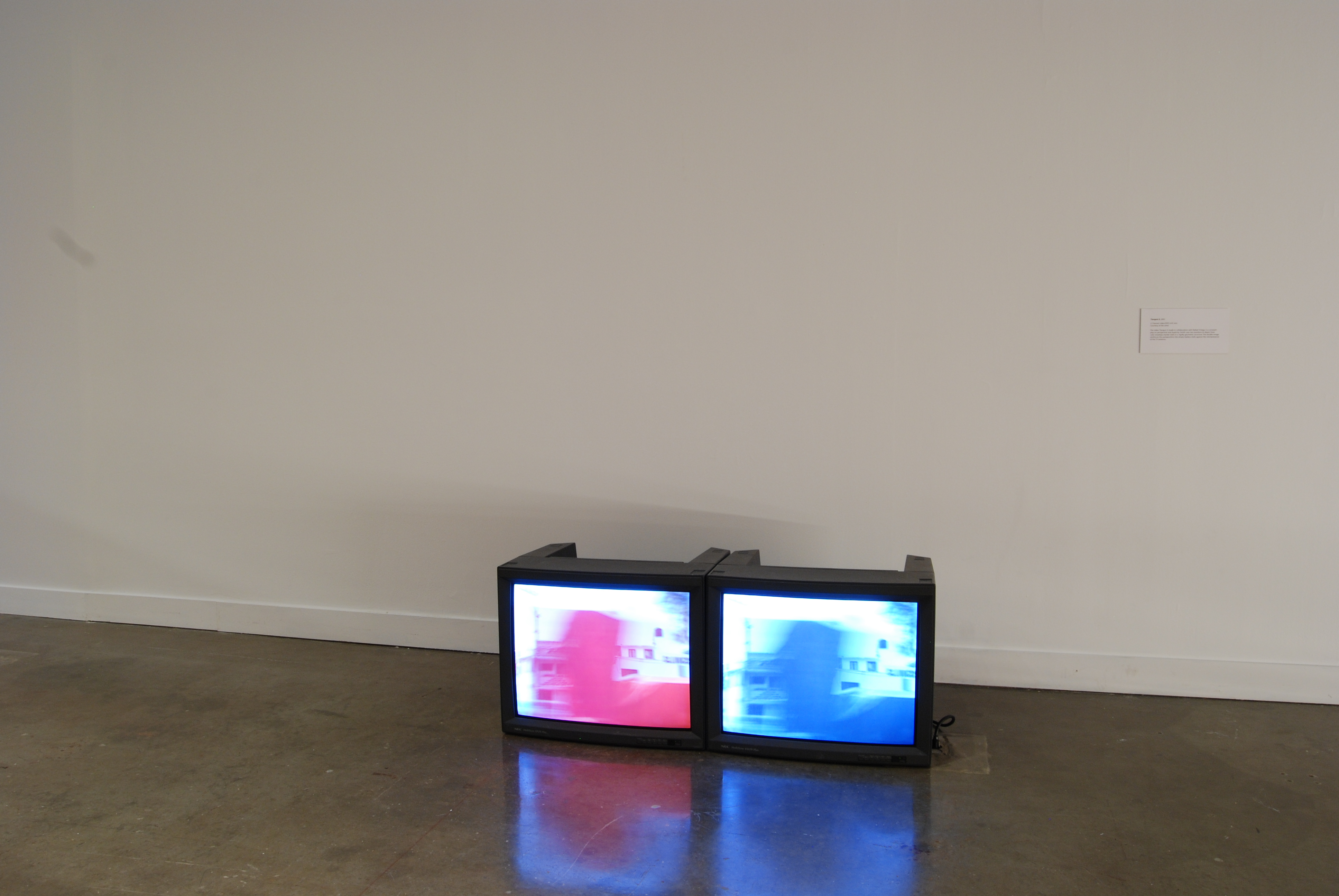 Two box monitors sitting on the floor side by side, both with same shadowy image, one blue and the other a pinkish-red