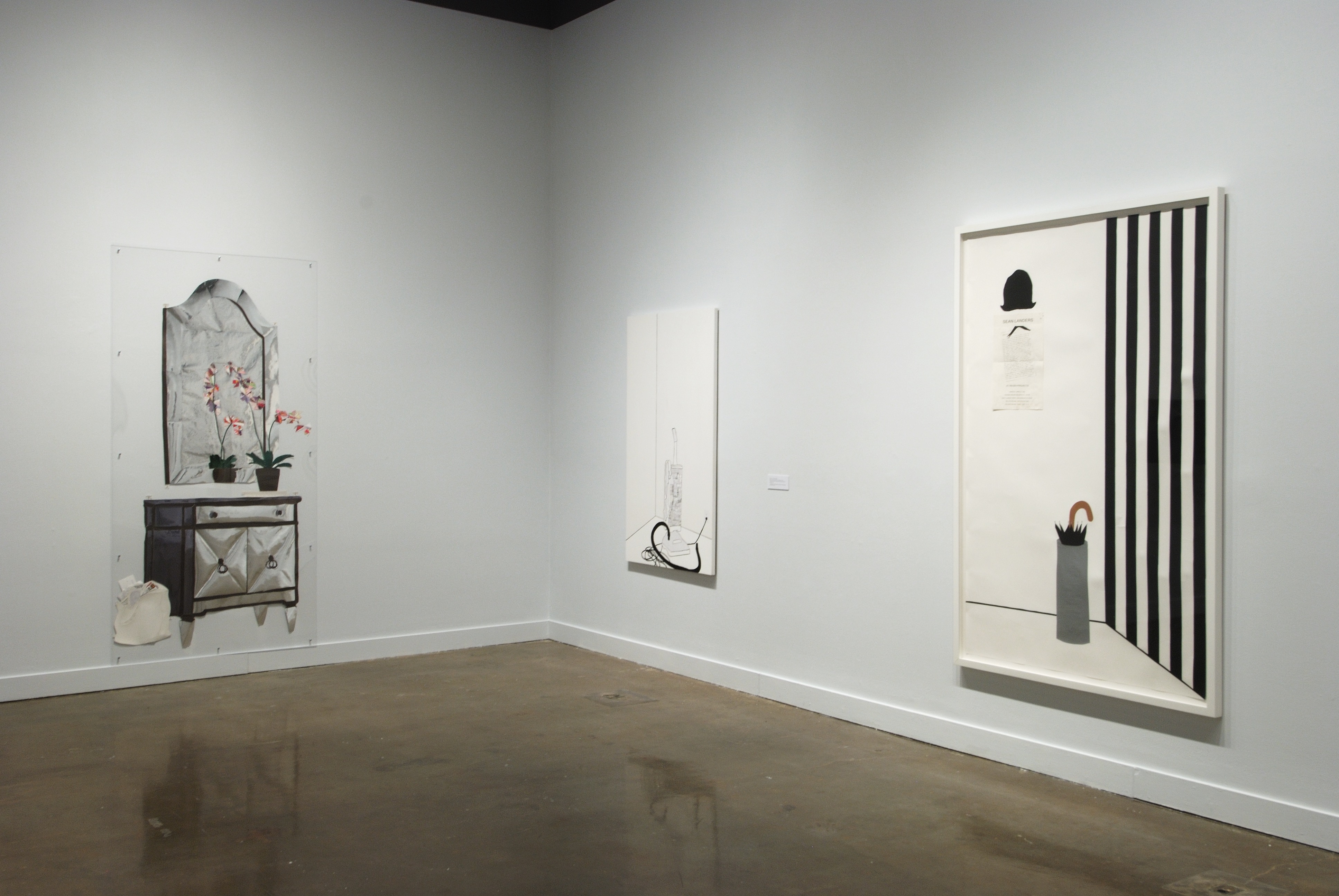 Three works by Frances Stark all hang on two walls. All depict interior scene illustrations such as an armoir, an umbrella holder, and a vaccuum.