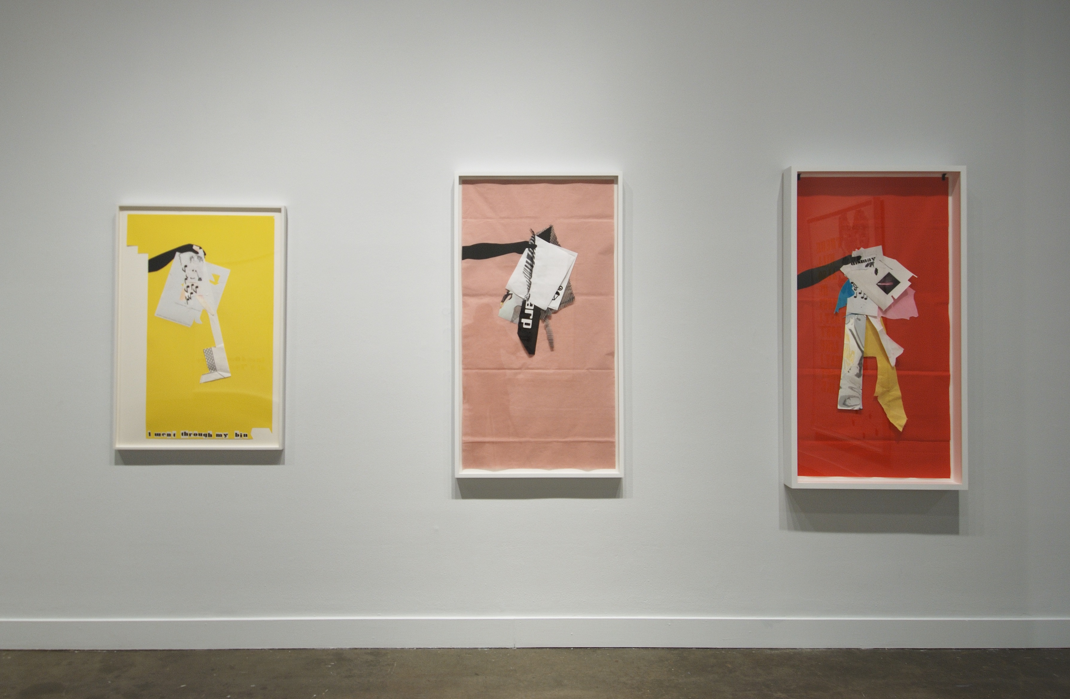Three collaged images depict a black cutout of an arm and hand holding piles of papers like taking out the trash.