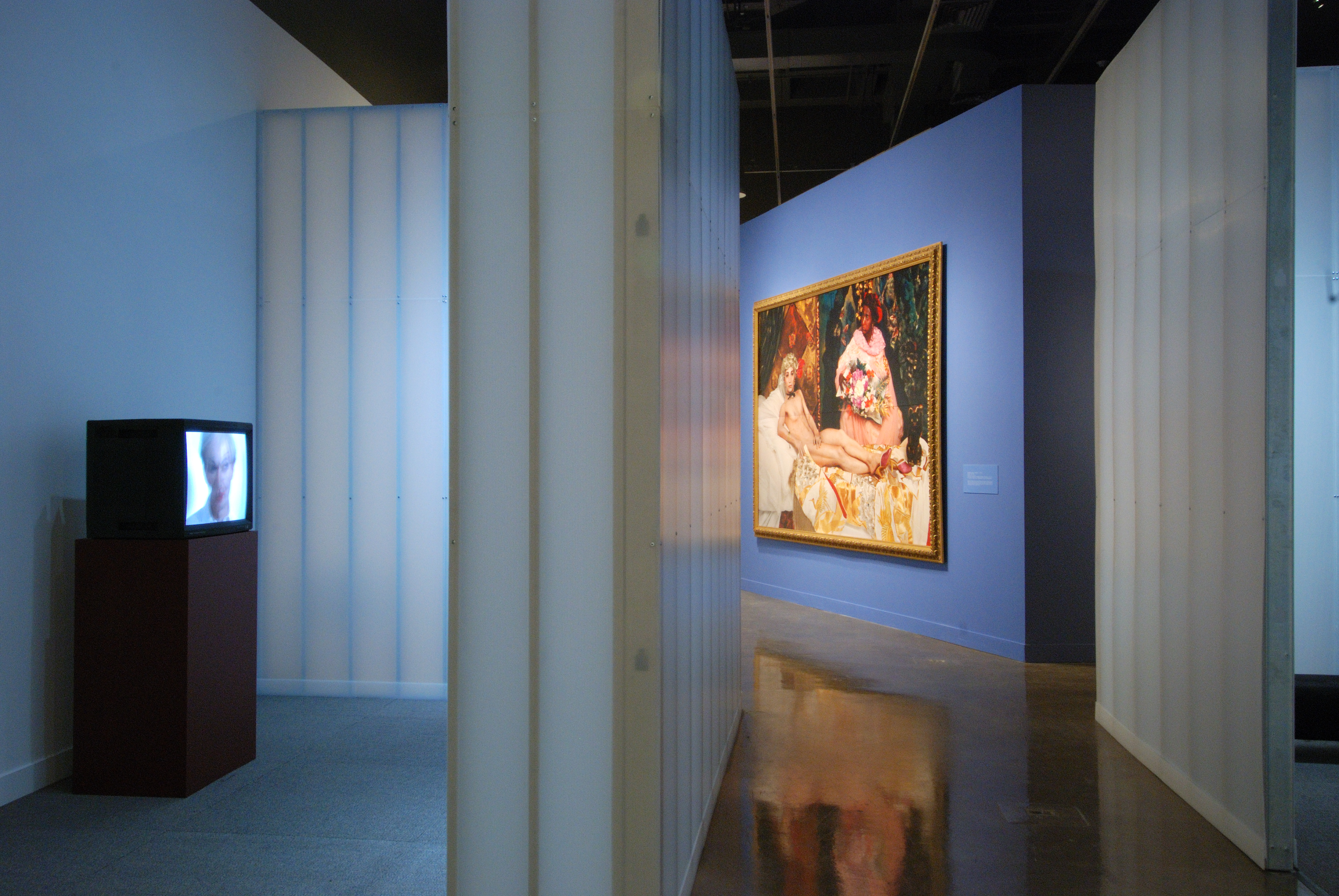 2 viewing rooms divided with tall plastic partitions play videos on monitors, a large photo is hung on a wall down the hall.