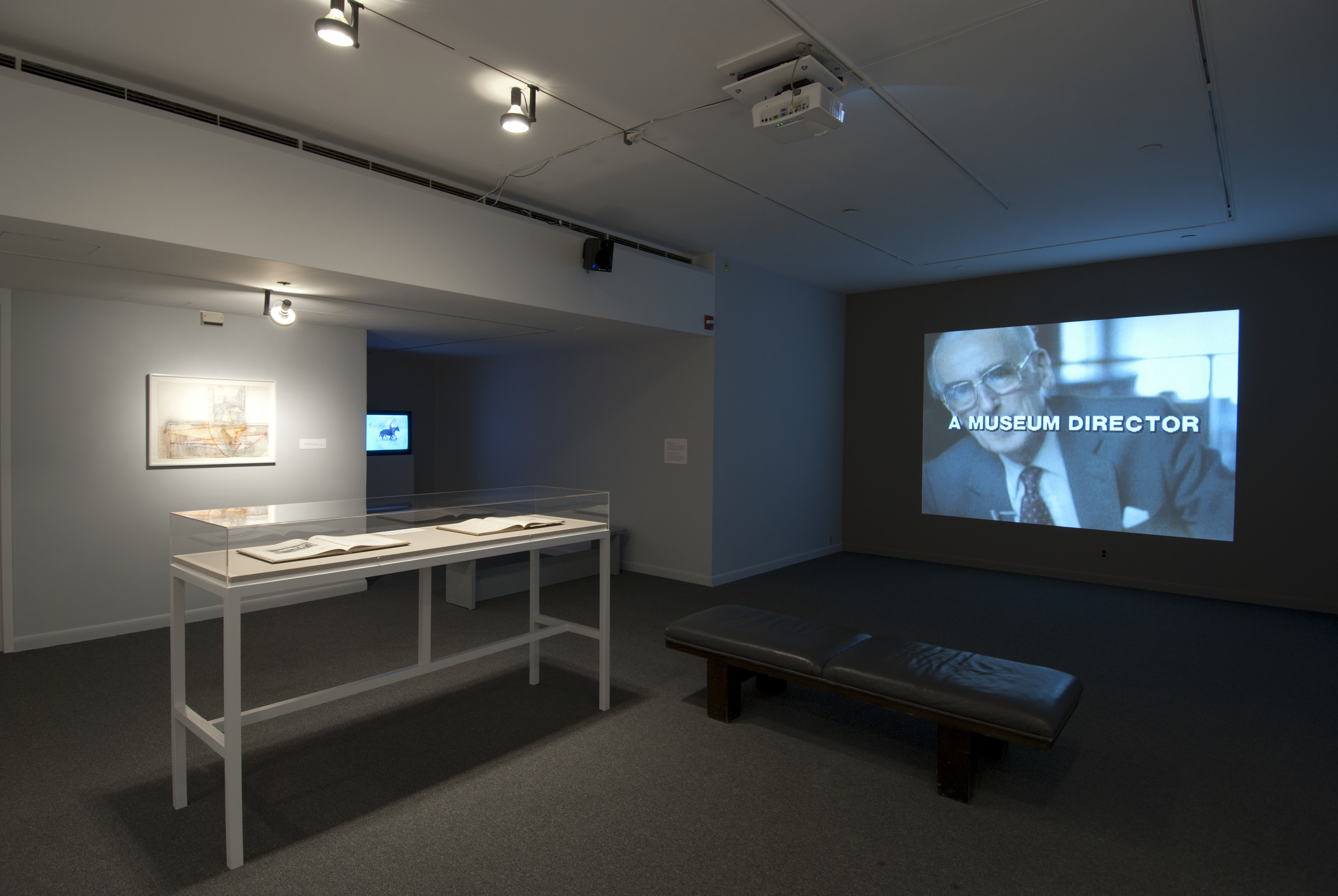 A large screen with an image of a man and the words A Museum Director on it.