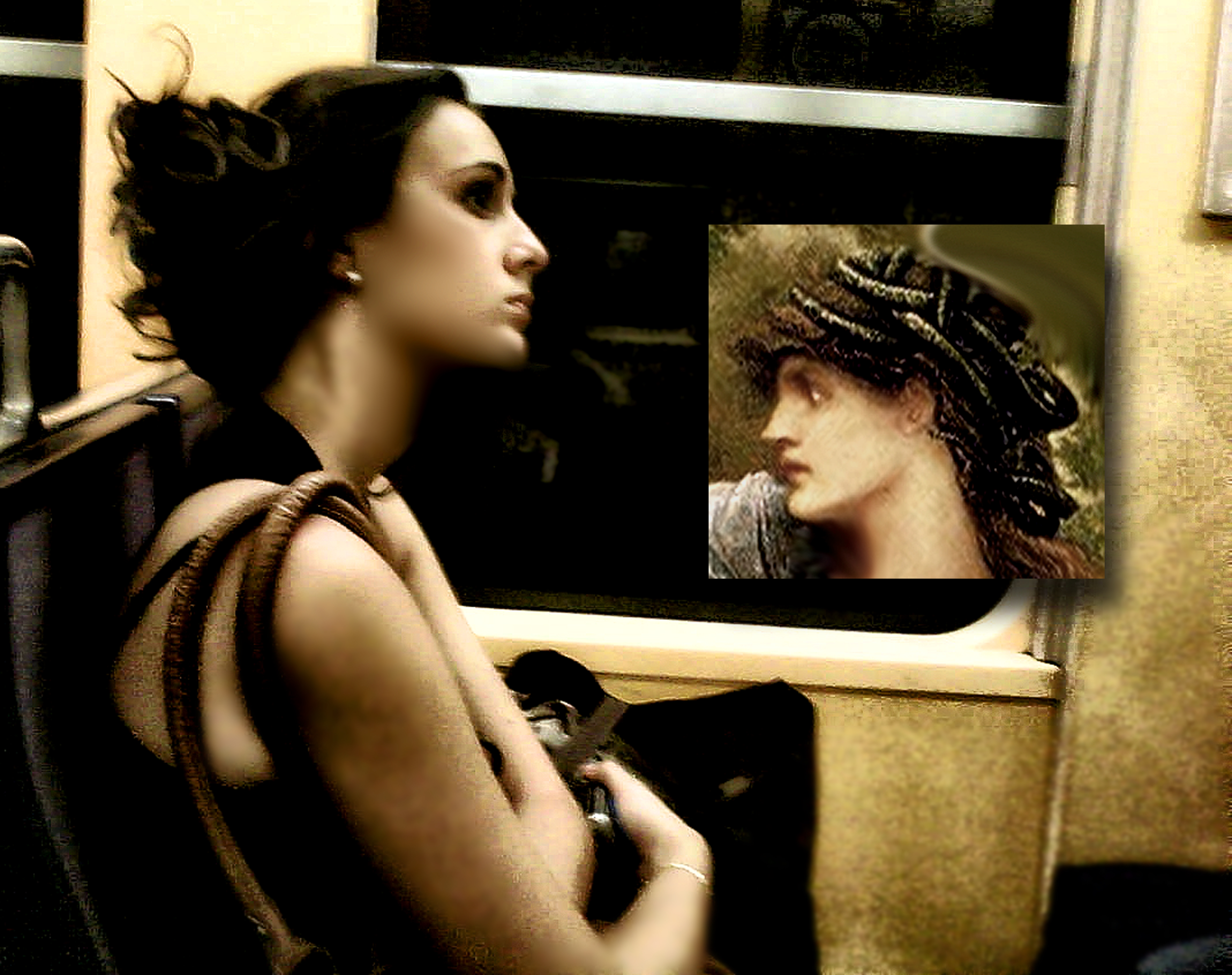 An atmospheric image of a young woman in profile, sitting on a train, facing an inset painting of a woman who she resembles.