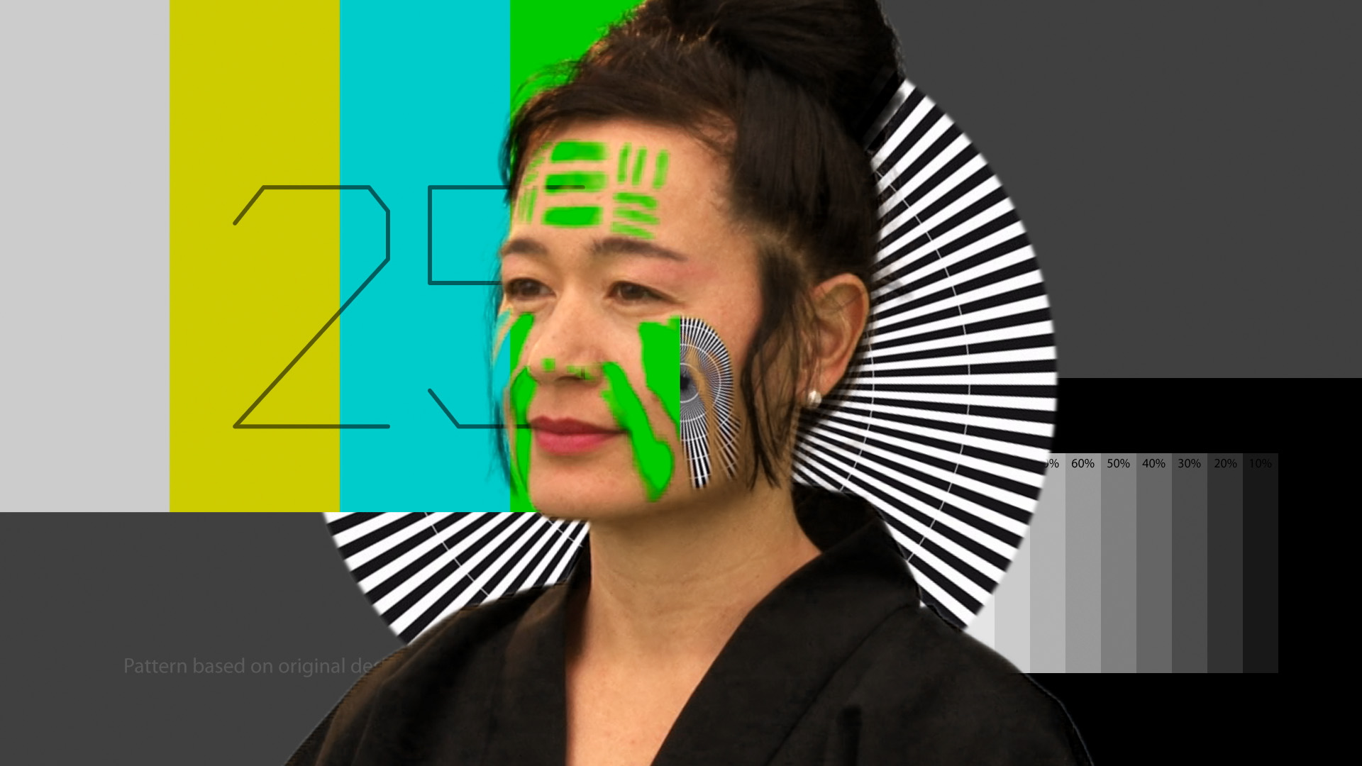 A woman with green slash marks over her face partly blends into the yellow, blue, green, black and white background graphics.