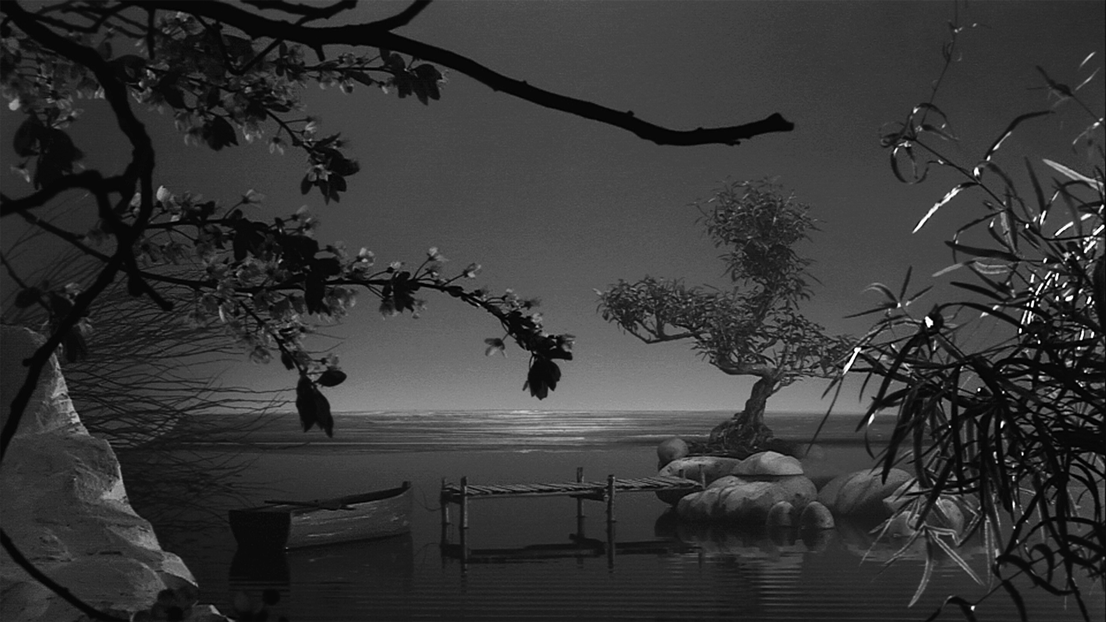 Foreground branches and leaves frame a view of a dinghy, pier, rocks, bonsai tree on a glossy surface creating a landscape.