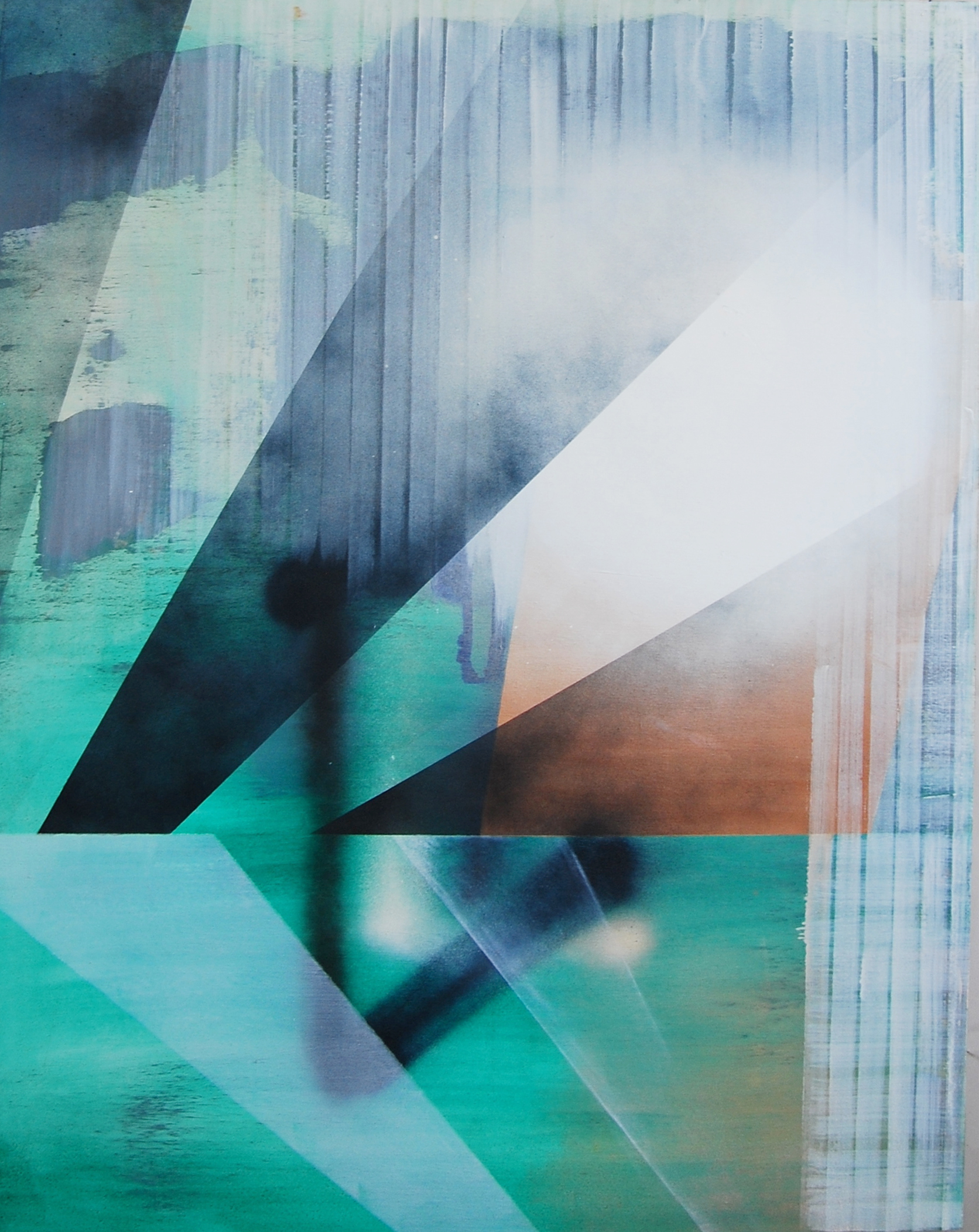 A green hued backdrop with cylindrical rays of light in black and white from an unseen source, white washed vertical stripes.