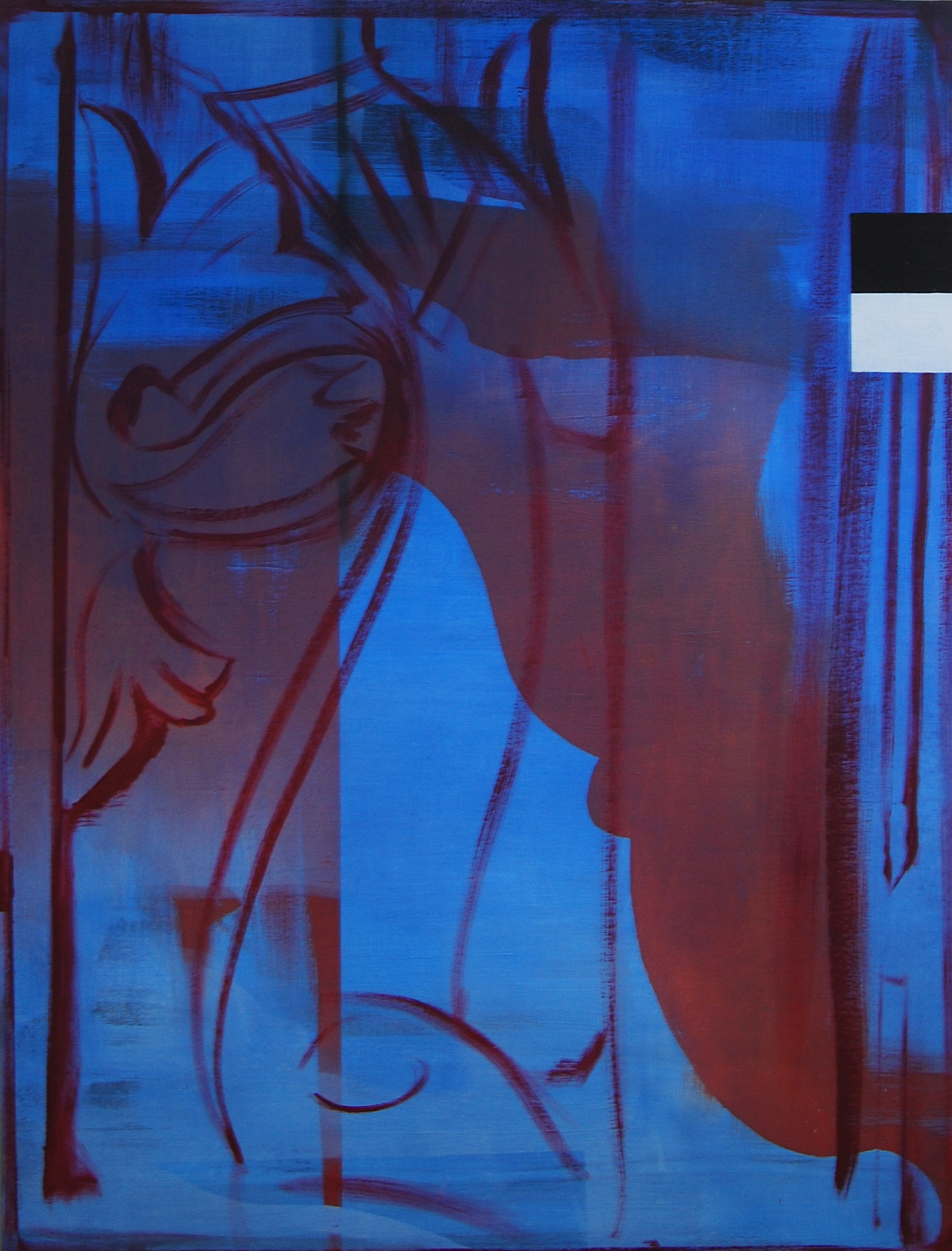 On a bluish backdrop, maroon paint and black lines create forms. A black and gray rectangle sits in the upper right corner.