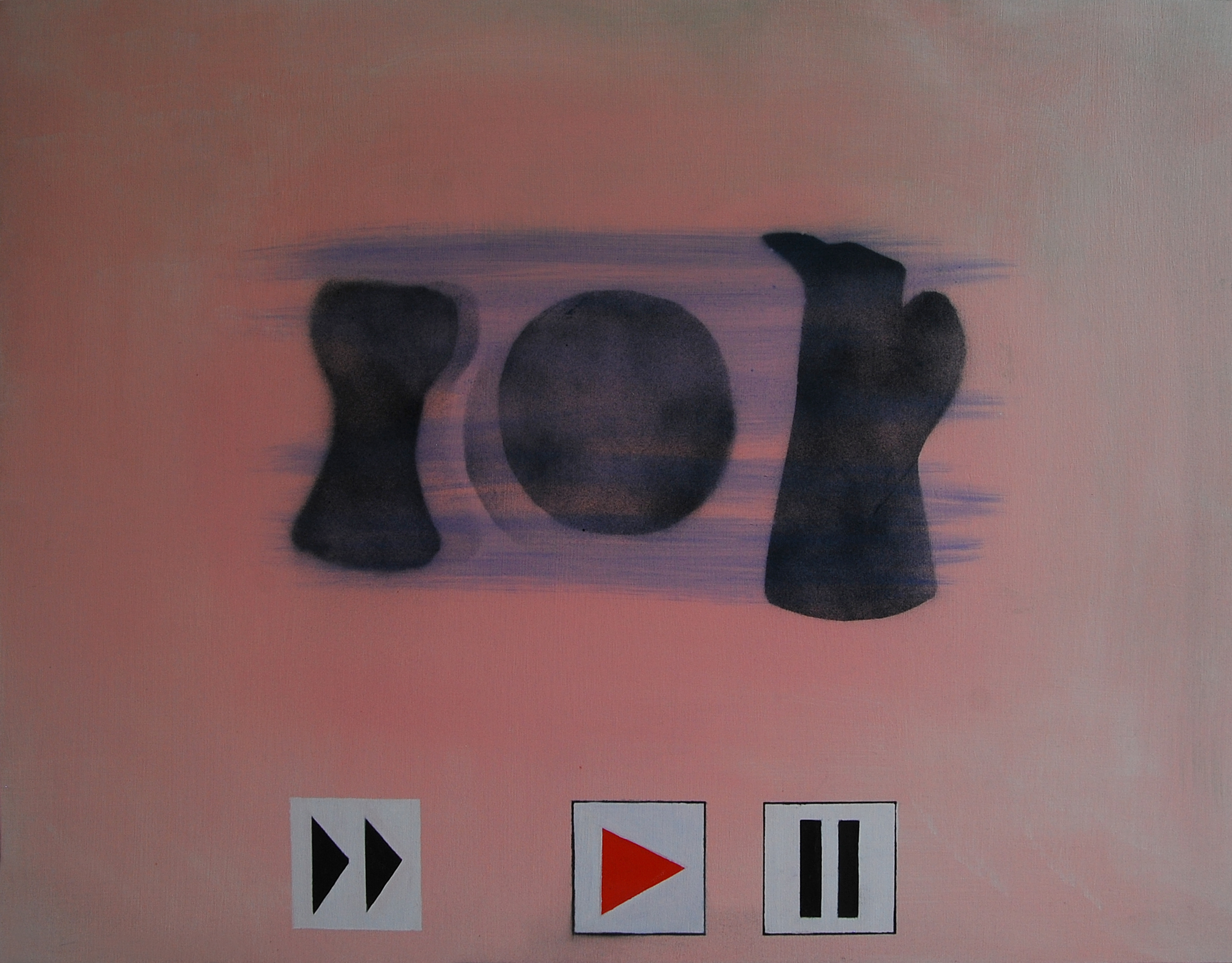 Three hazy black objects sit on a peach and purple backdrop above three squares with the symbols for forward, play and pause.