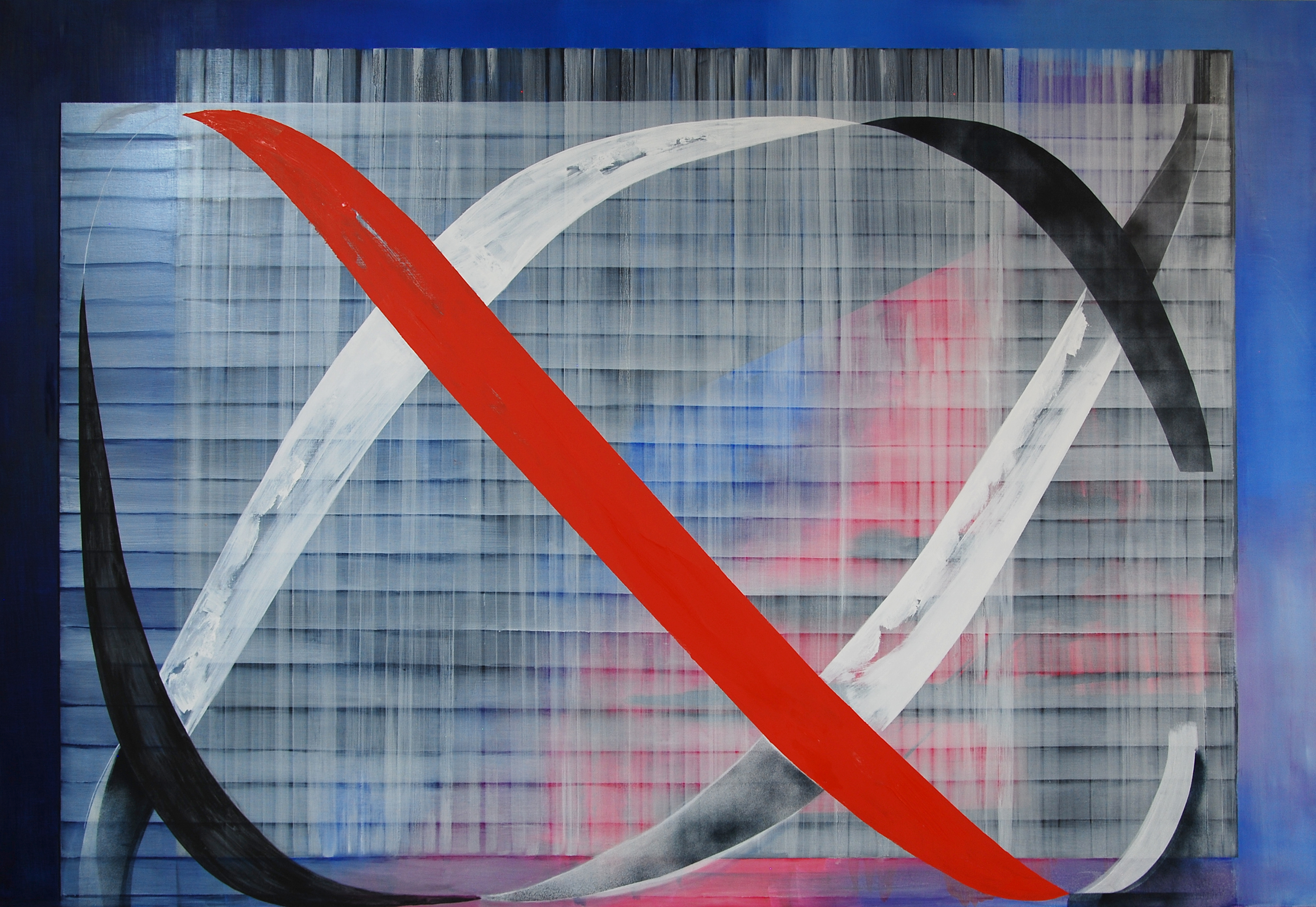 Intersecting loops in red, black and white front vertical and horizontal white stripes, bordered by black and blue stripes.