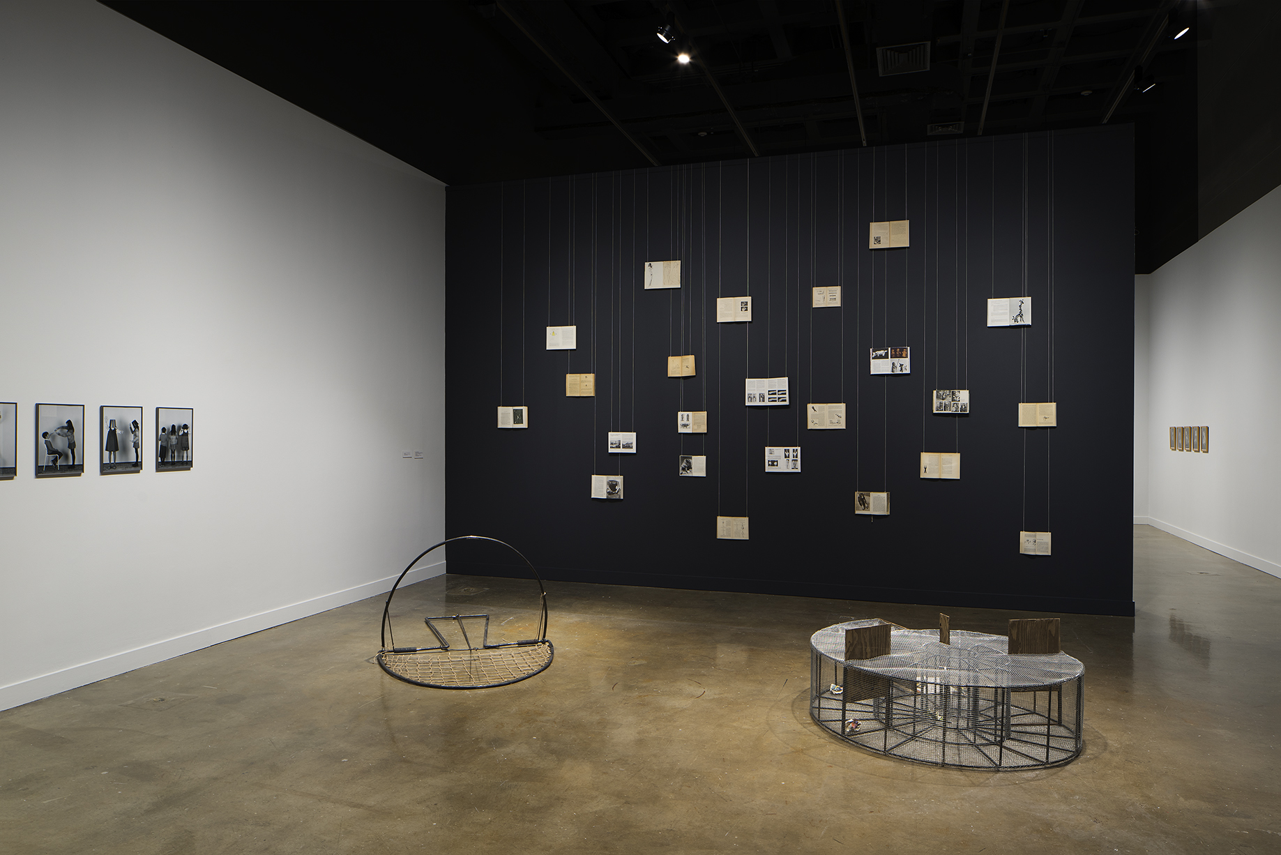 Framed photos hang on the left, 2 metal sculptures sit on the floor, books hang from the ceiling on strings in the background.