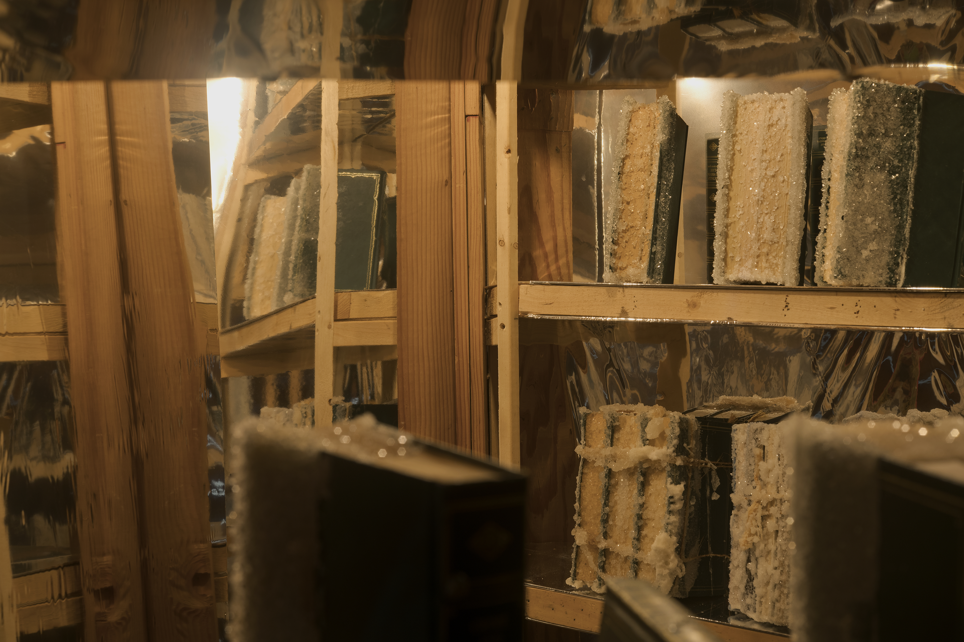 A close up view of a tight space filled with wood shelves, a mirror, and sugar encrusted books a similar color as the shelves