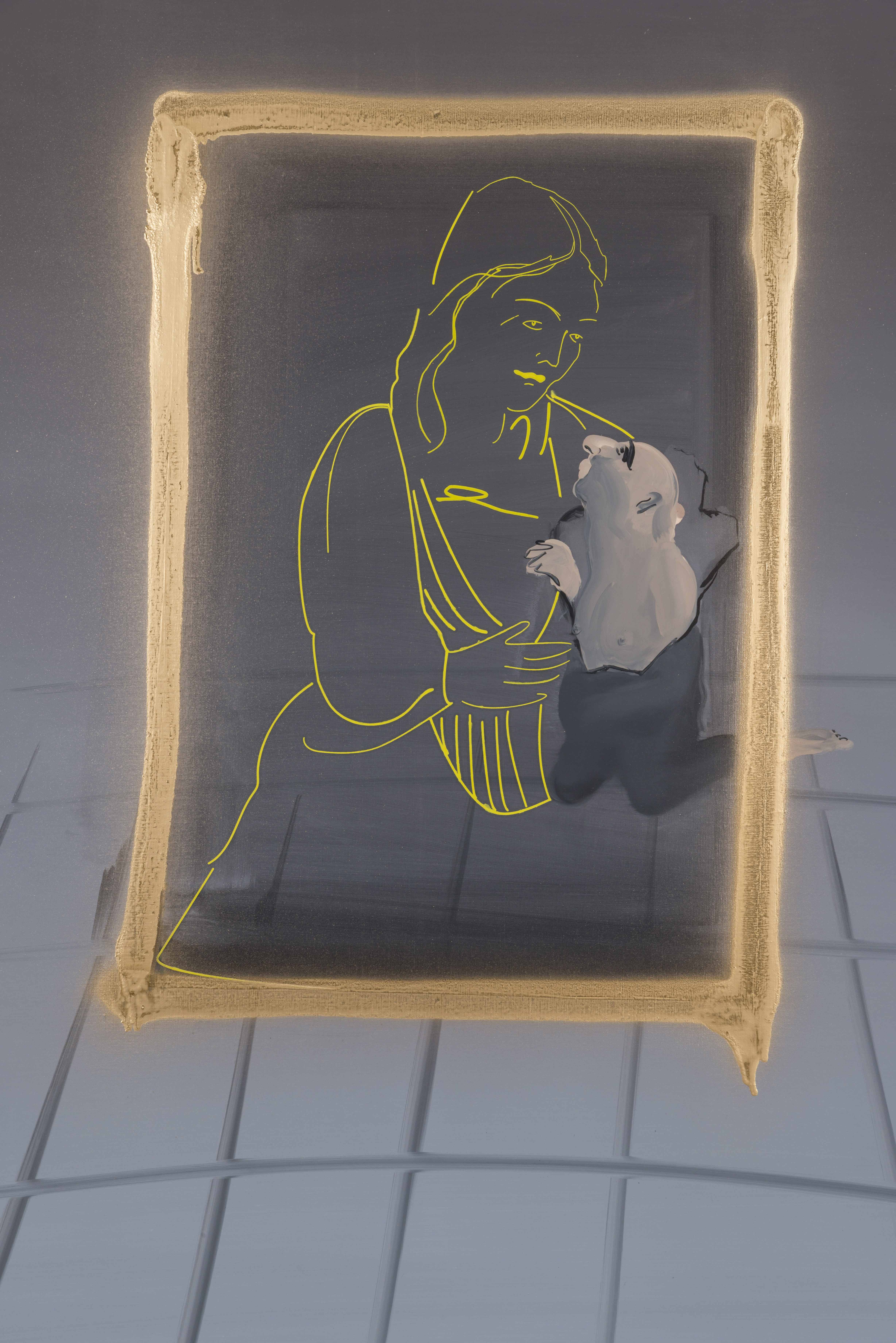 Kneeling male figure, nestled in left shoulder crook of female figure drawn in yellow, both framed in gold on gray grid floor