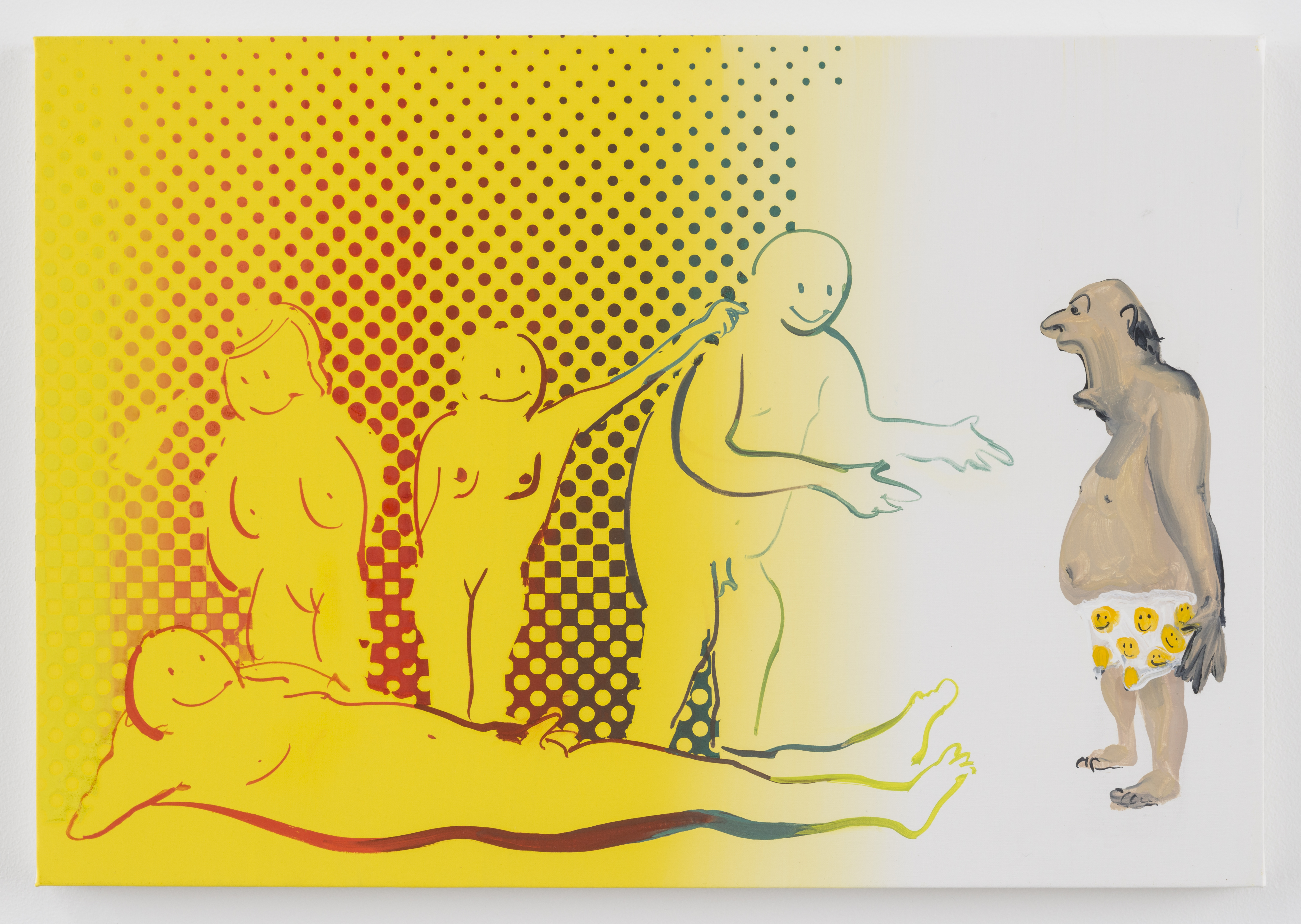 Man in boxer shorts with yellow smiley faces stands open-mouthed next to 4 naked figures against yellow patterned background.