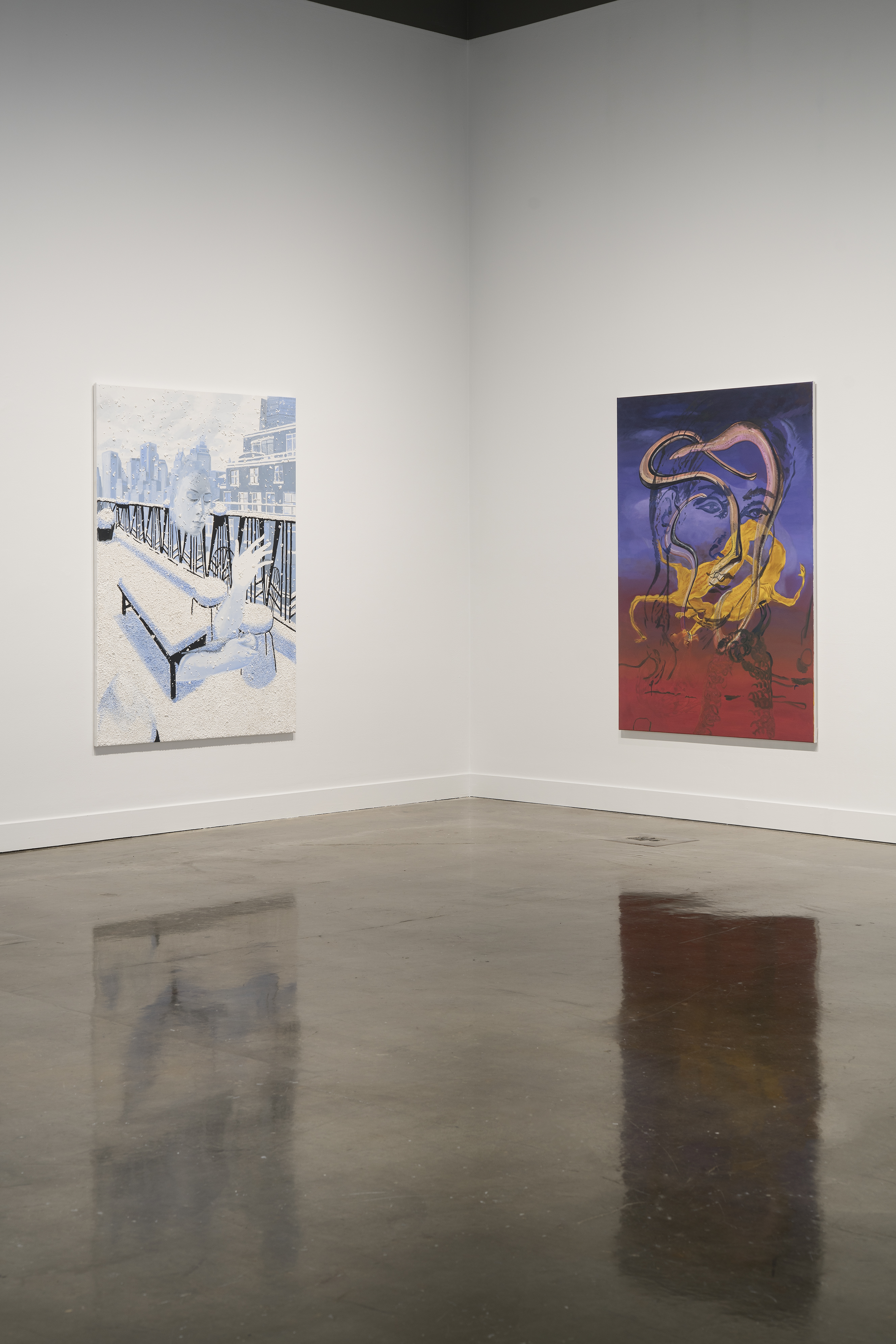 Two paintings by Allison Katz, one with a figure in snow and another with a blue and red figure, are shown together in a corner of the gallery.