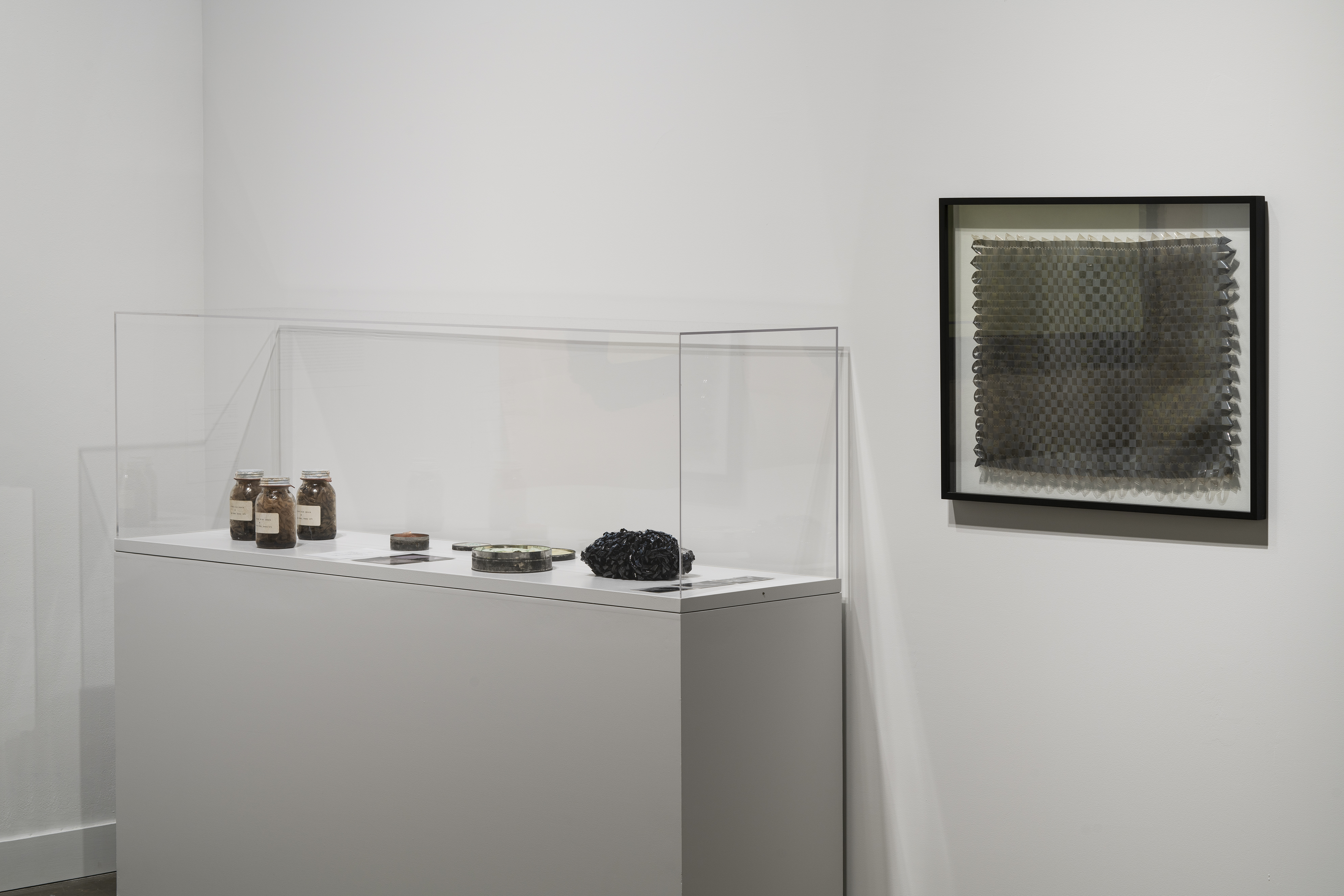 A number of objects, including 3 mason jars, are displayed in a glass vitrine. A framed object hangs to the right.