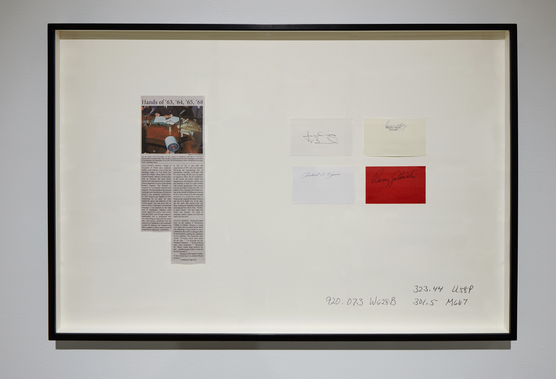 An artwork by Rose Salane features a newspaper clipping that reads "Hands of 63, 64, 65, 66" and four signatures on colored paper.