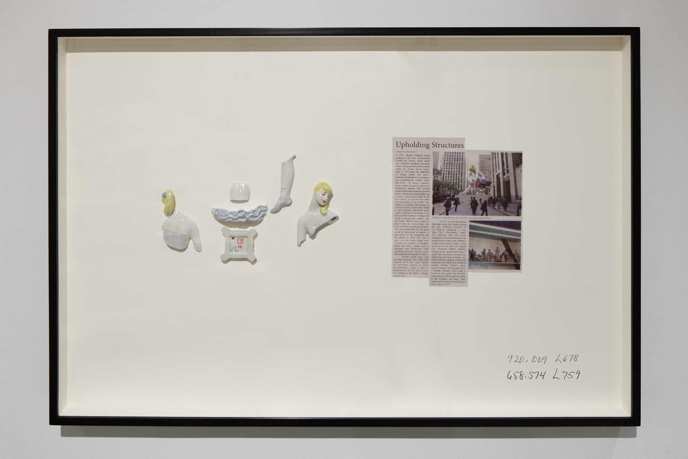 An artwork by Rose Salane features a newspaper clipping that reads "Upholding Structures" and ceramic pieces.