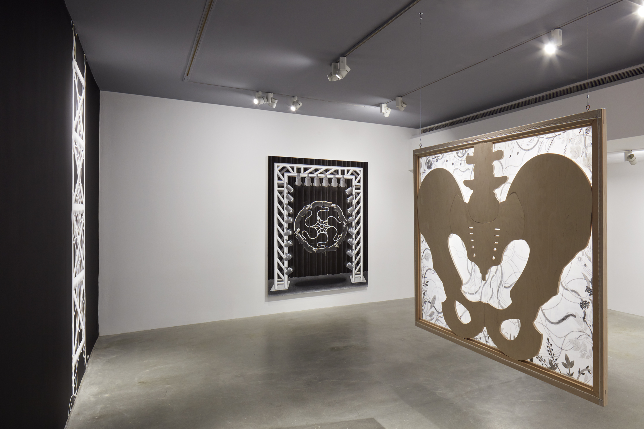 Installation view of hanging pelvic bone painting with black and white painting resembling a stage setup in the background.