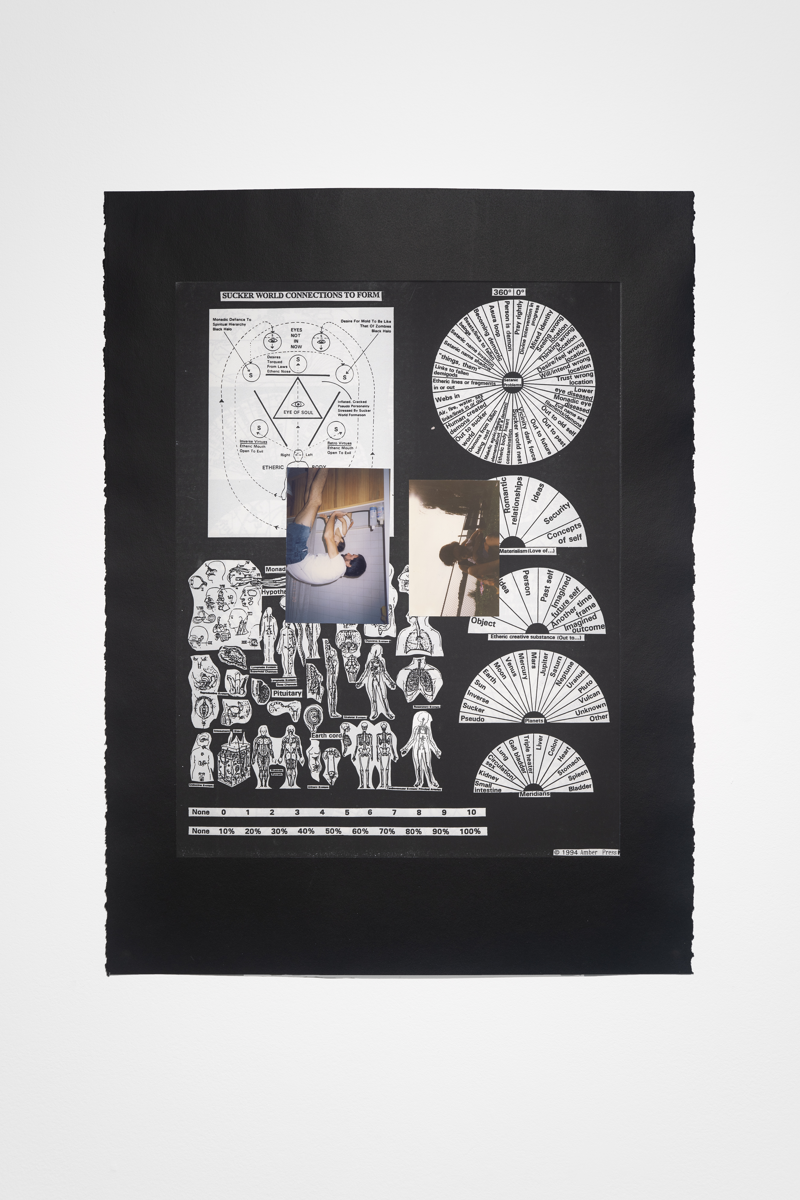 2 rotated color photos of child with an adult, black-and-white charts, diagrams and small anatomical drawings on black paper
