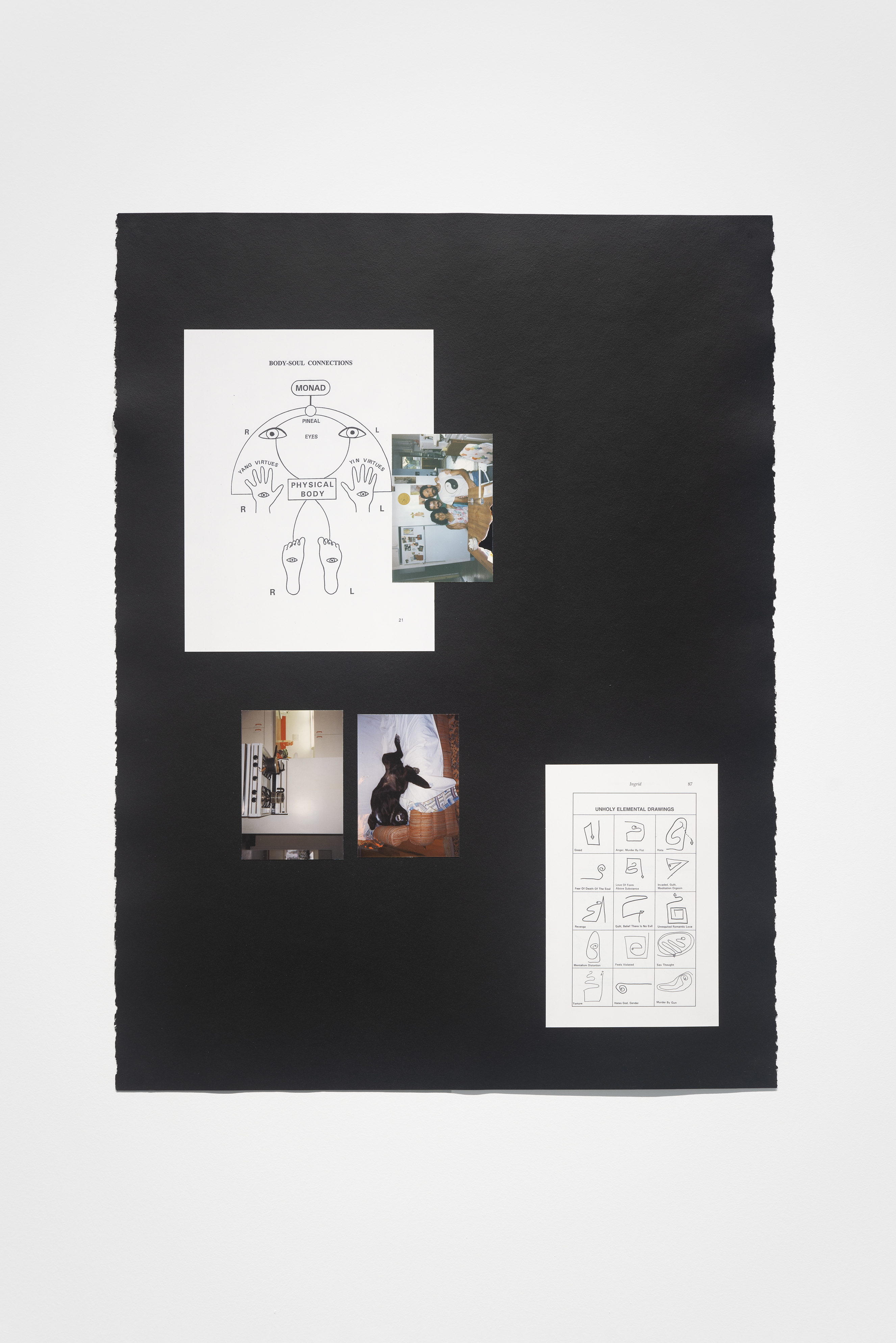 3 color photos, a black-and-white diagram and a chart of “Uniquely Elemental Drawings” assembled on black paper on white wall