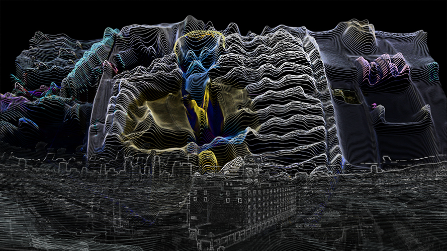 In fine white lines that appear over a black ground like distorted 3D wave forms, a male figure hovers over an urban landscape.