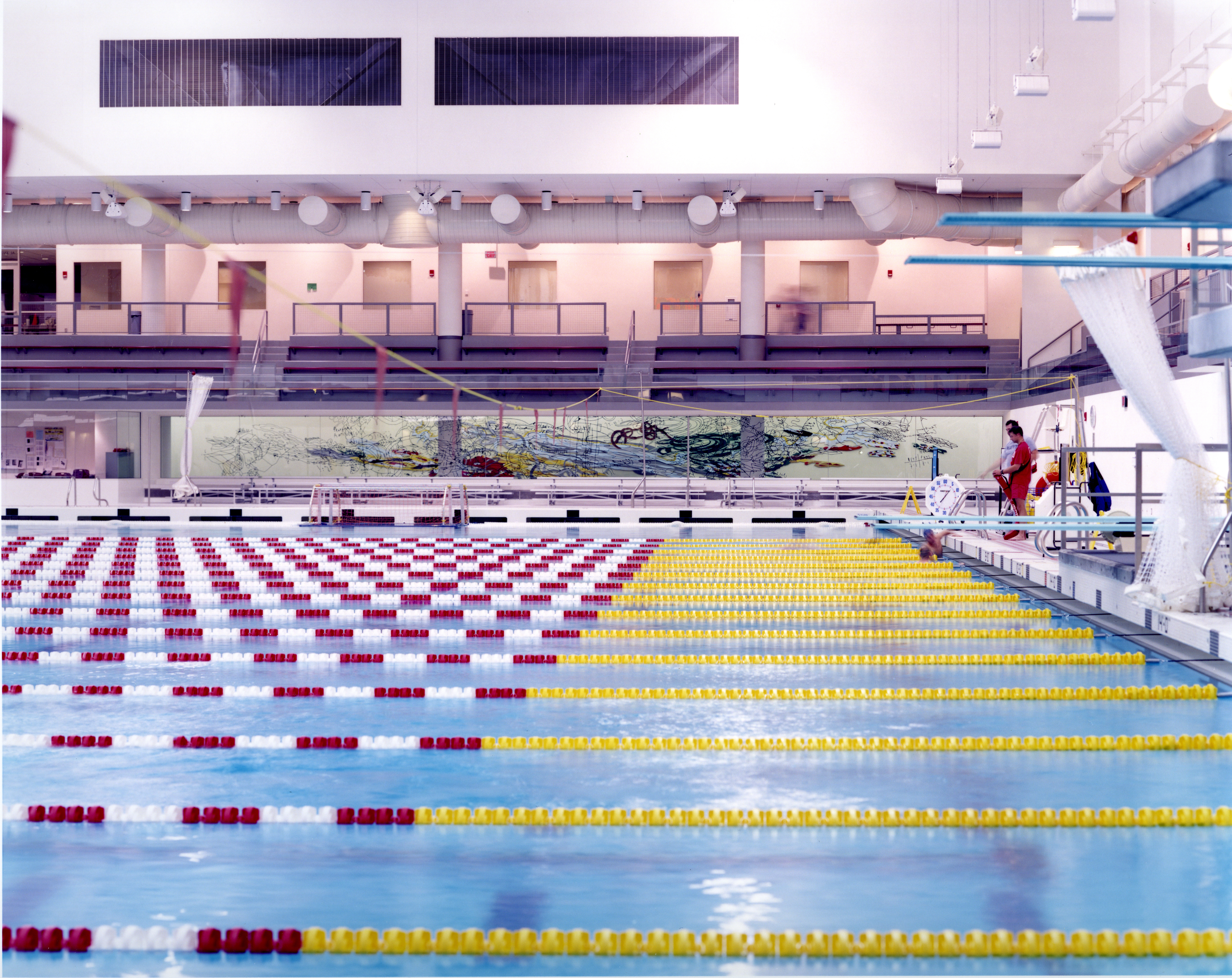 Zesiger Center’s Olympic swimming pool with a mural by Mathew Ritchie along the back wall.