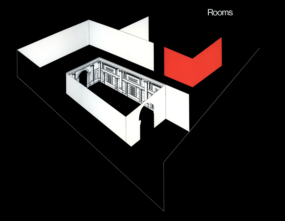 Black book cover for Rooms featuring a white and red graphic of a Birdseye view of a room and a hallway.