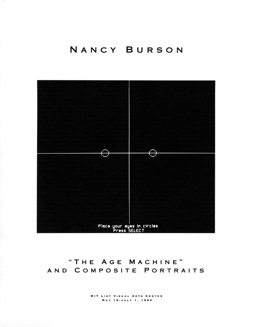 Book cover for Nancy Burson: The "Age Machine" and Composite Portraits features a black grid that reads "Place your eyes here. Press Select."