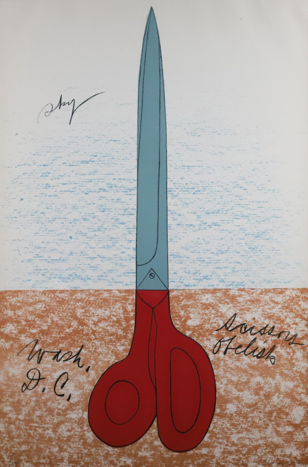 A pair of red and silver scissors on a brown and blue background.