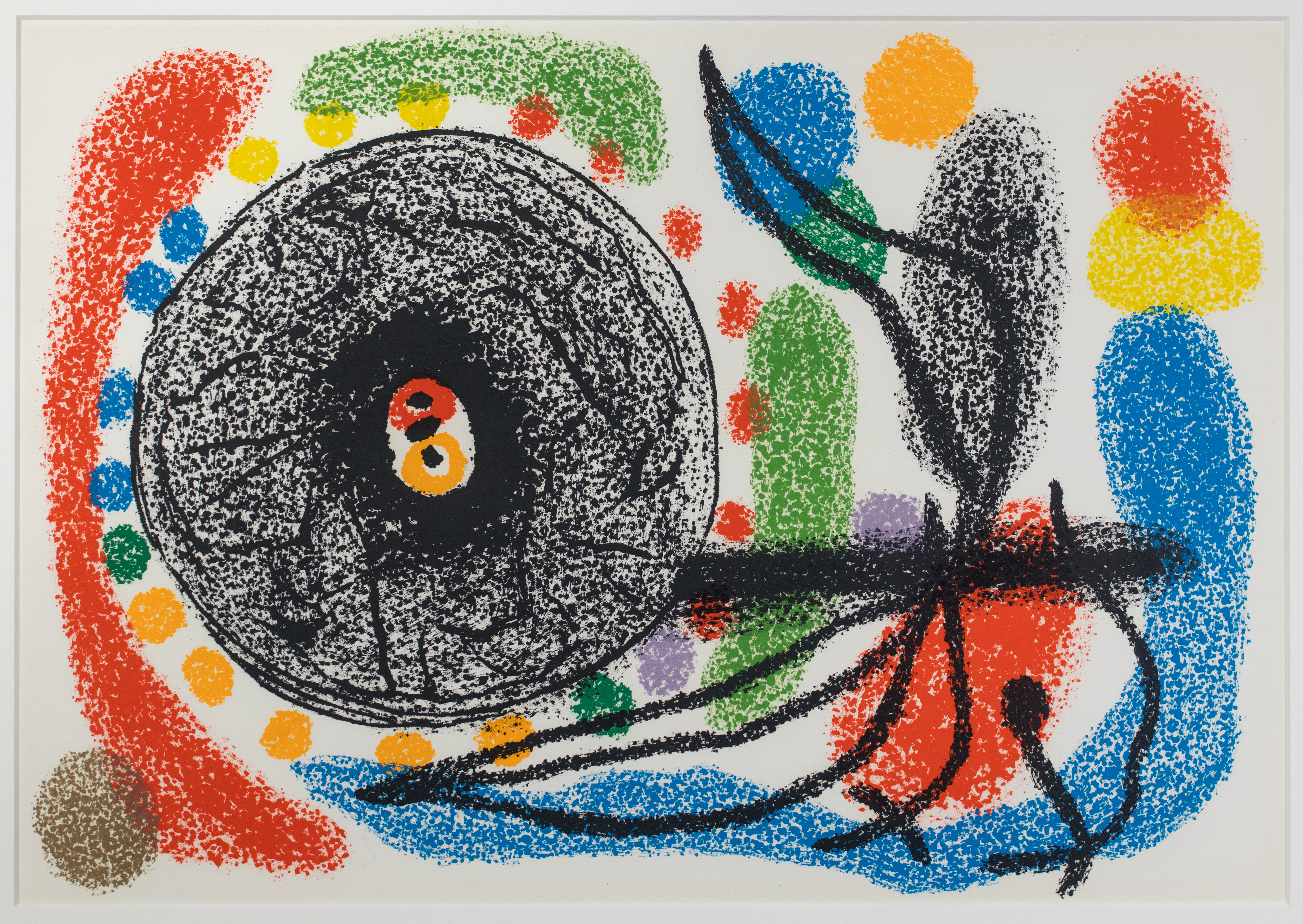 Drawing featuring filled in shapes in blue, yellow, green, red and orange with a large black circle on the left.