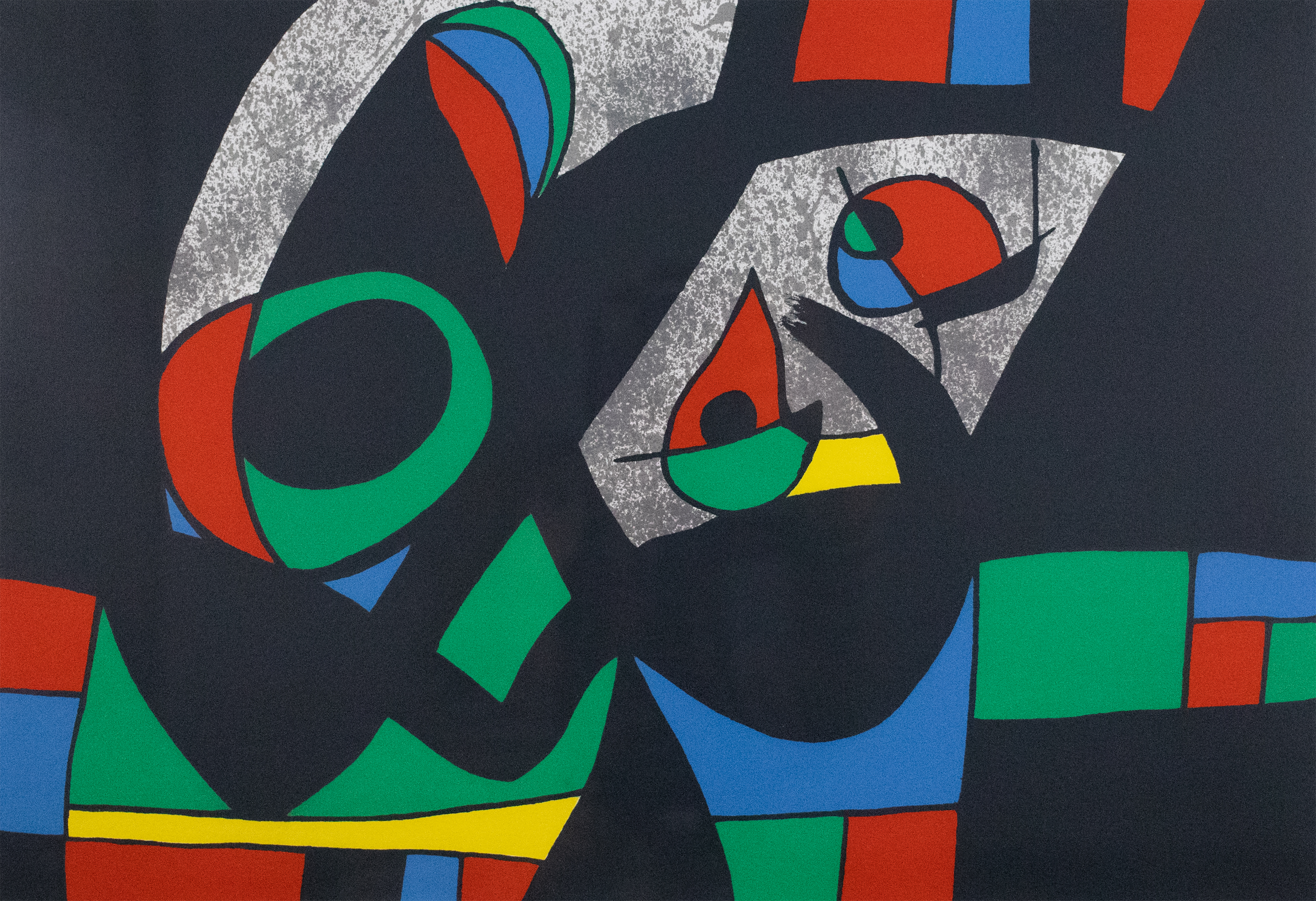 Grey background with abstract shapes in primary colors and bold black outlines.