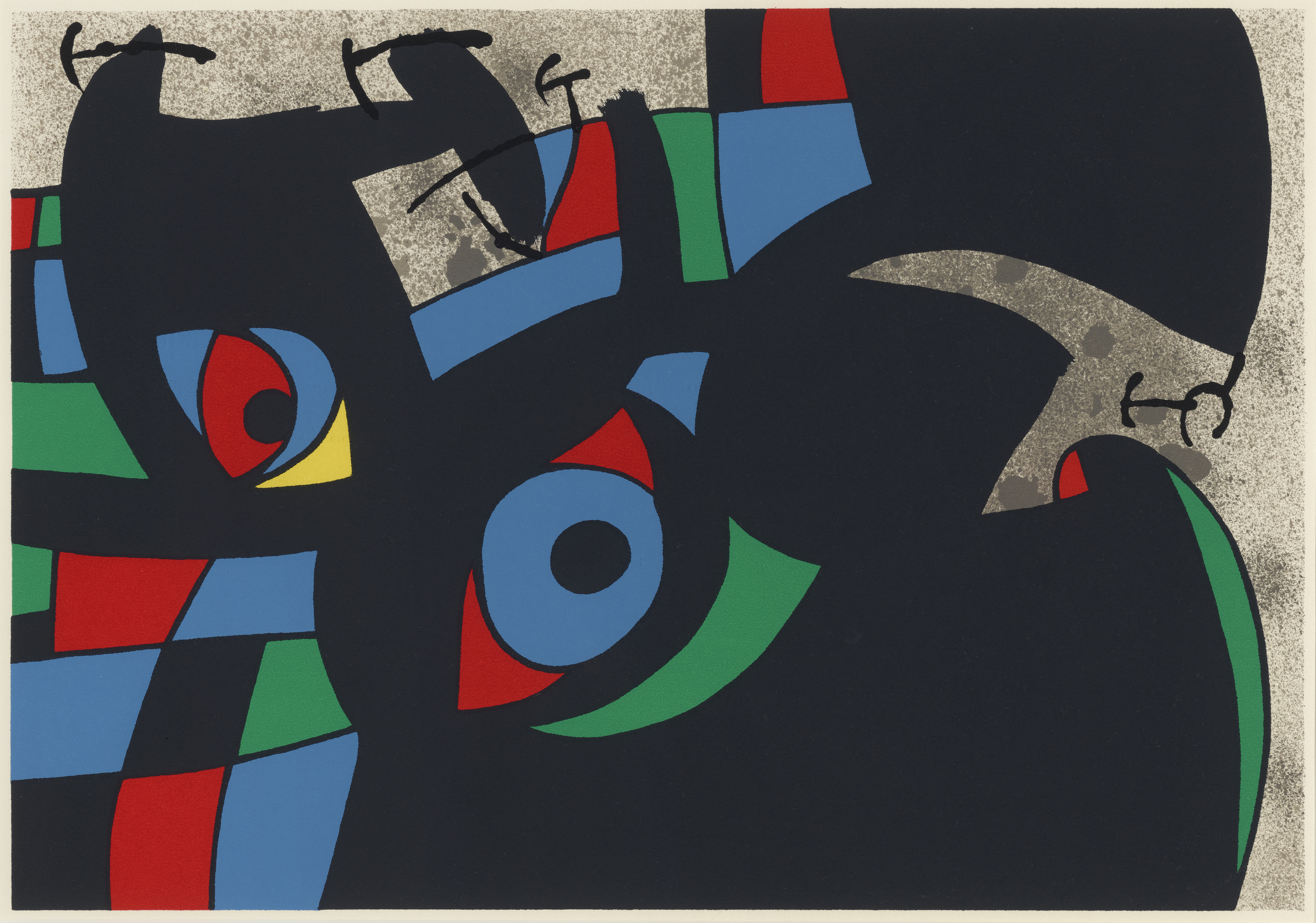 Grey background with abstract shapes in primary colors and bold black outlines.