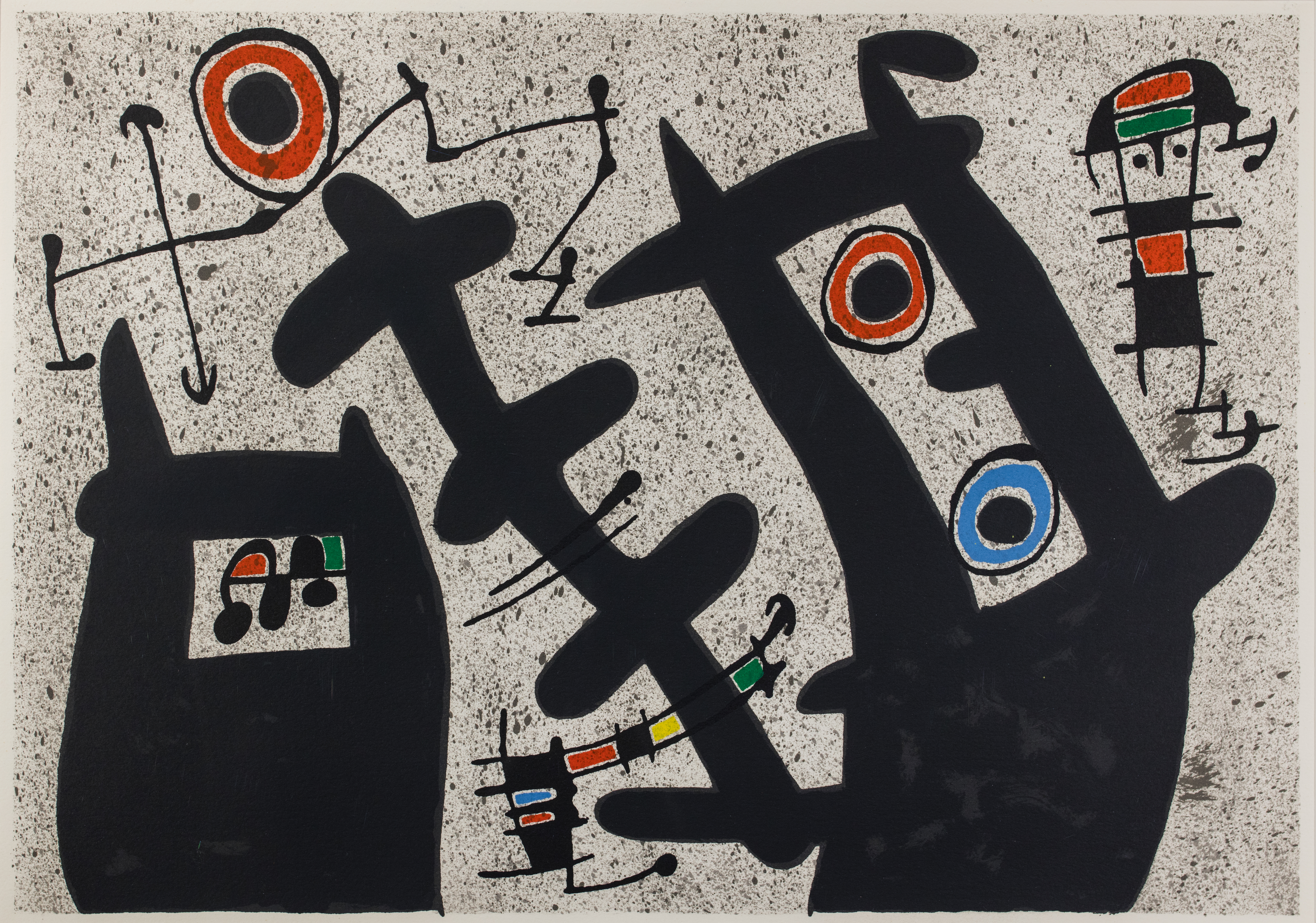 Gray speckled background with abstract figures in black with red, green, and blue shapes throughout.