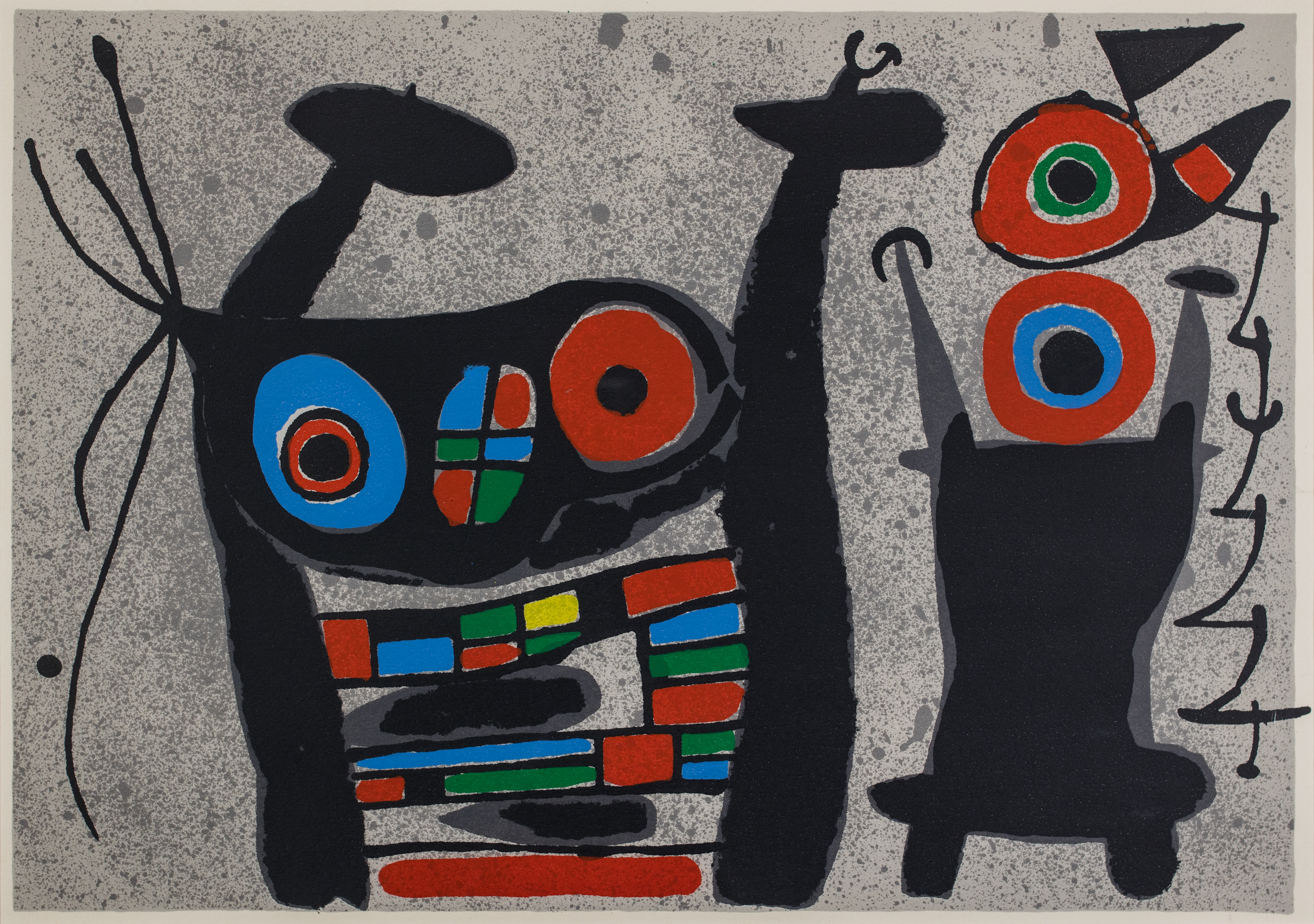 Grey background with abstract shapes in primary colors and bold black outlines.
