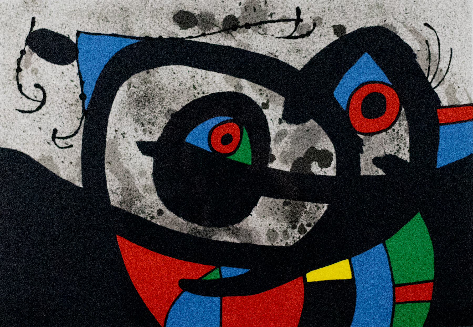 Grey background with abstract shapes in primary colors and bold black outlines.