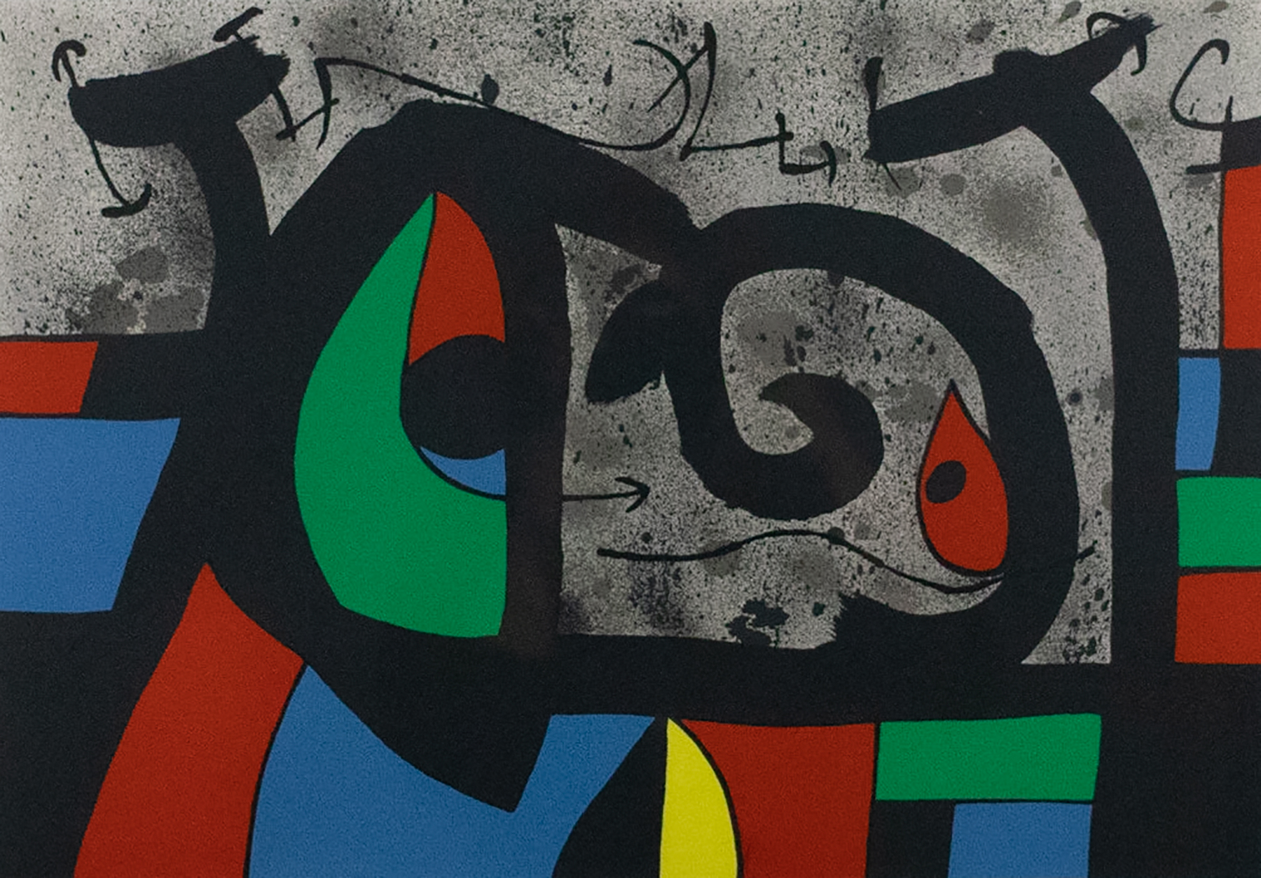 Grey background with abstract shapes in primary colors and bold black outlines.