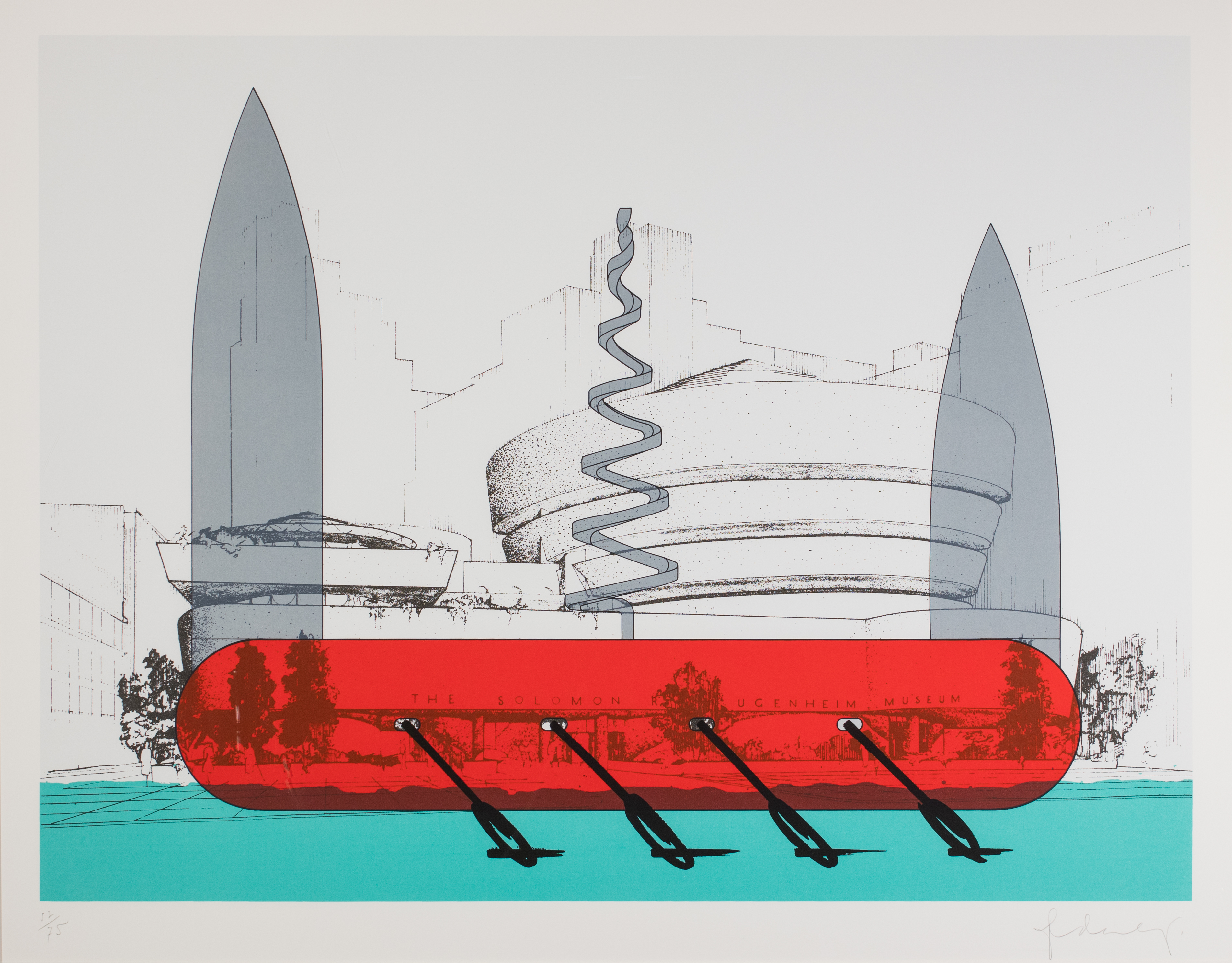 Thin line graphic of the Guggenheim Museum with a large red ship superimposed on top with large gray blades on the front and back of the ship.
