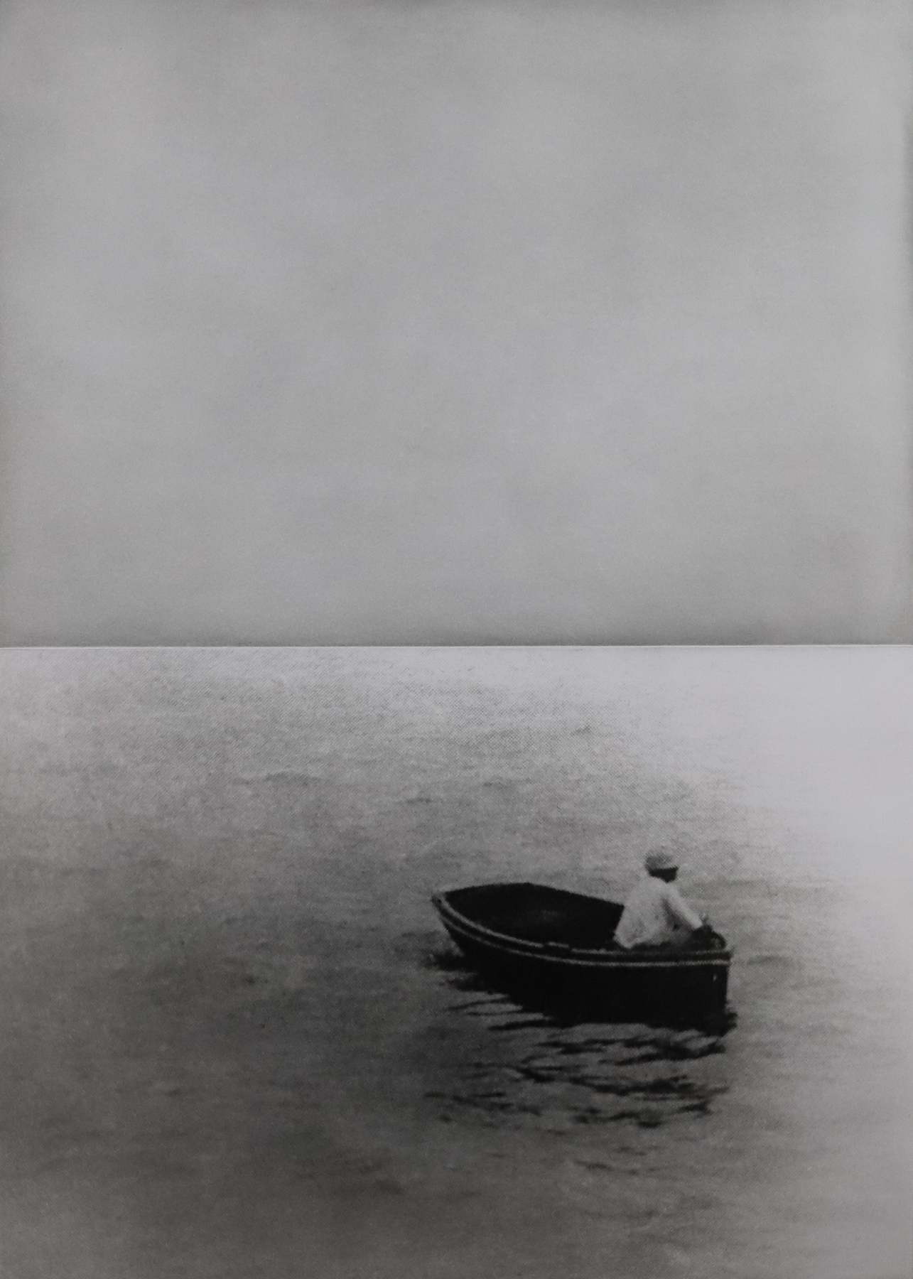 Black and white print of a person in a small rowboat on a still body of water.