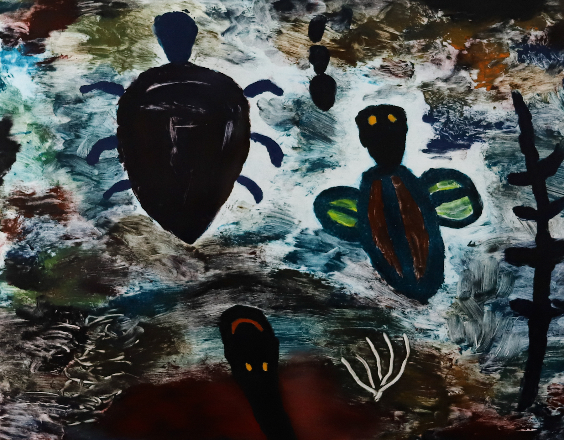 Two large bugs in a child like drawing style with a snack below then coming up from the lower edge.