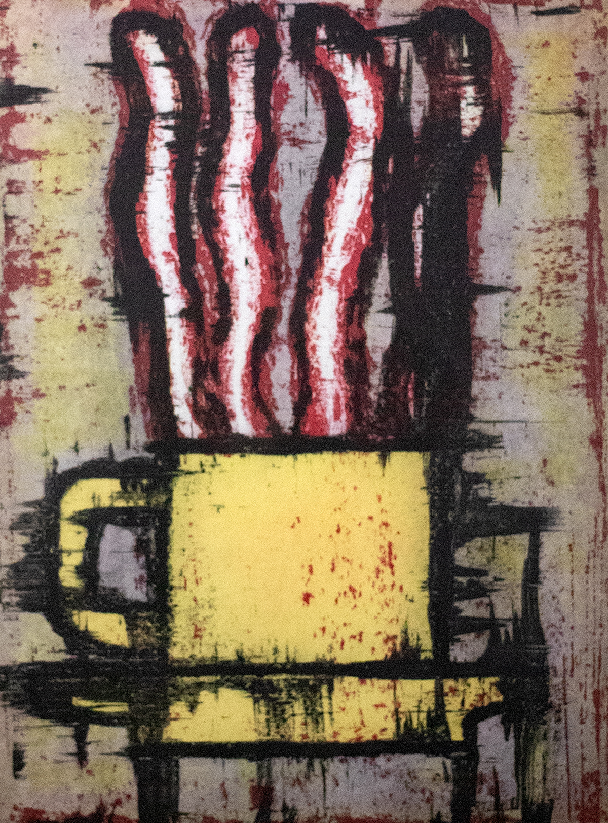 Yellow coffee cup with speckled texture and steam rising above it with a red ands black outline.