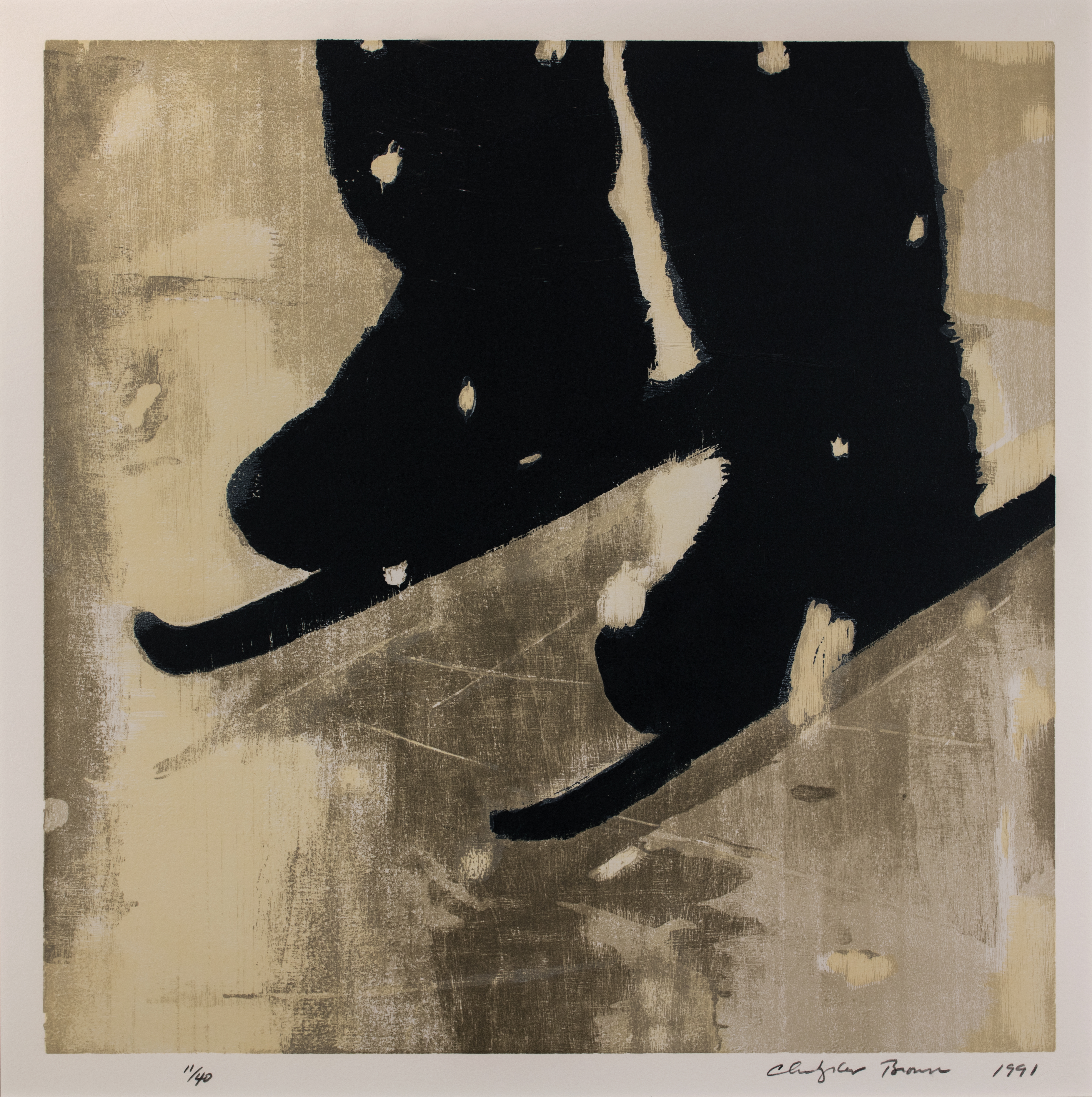 Black silhouette of a pair of boots on skis against a brown and cream colored background.