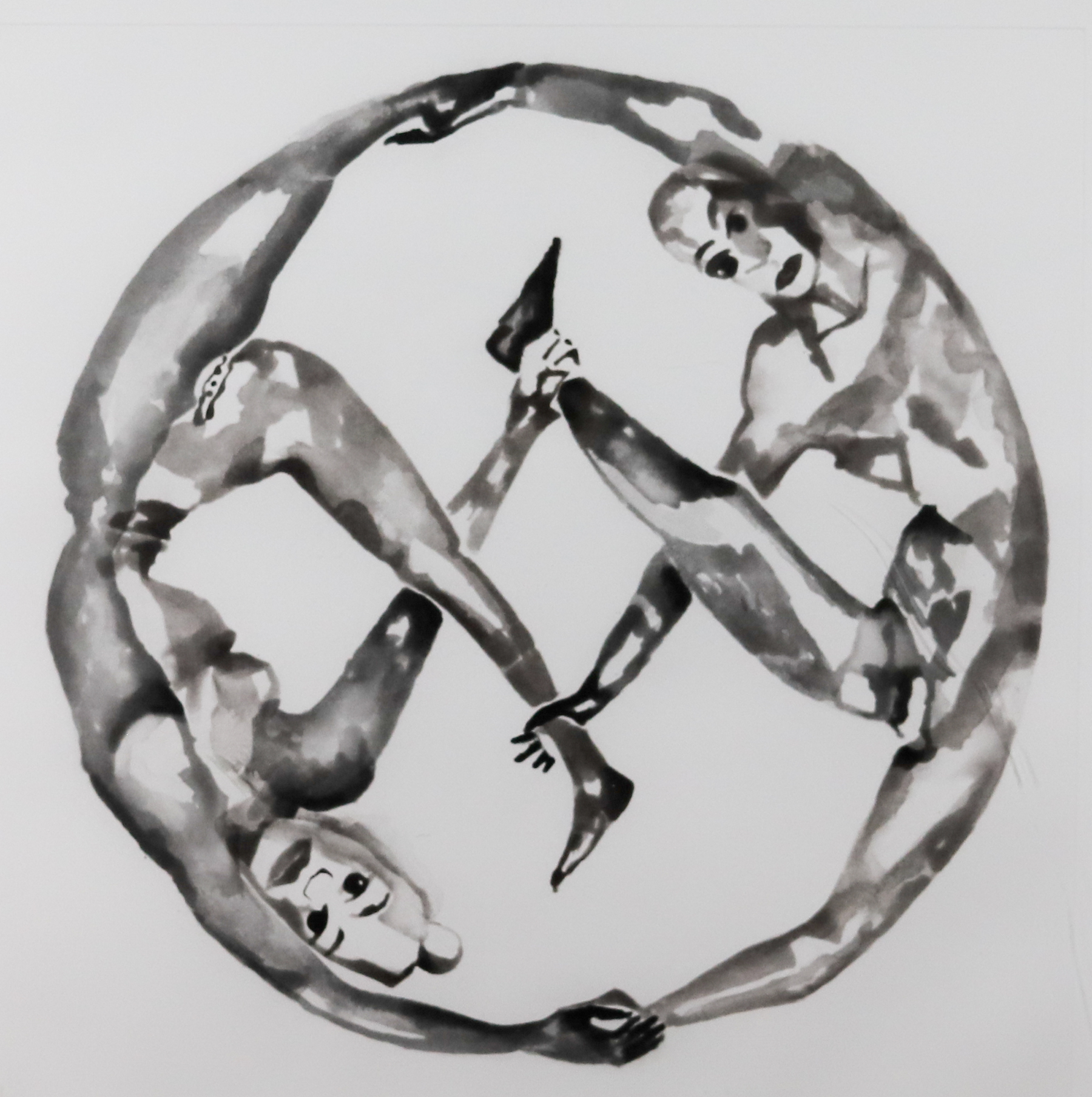 Print of two contortionists creating a circle with their bodies and holding onto each others splayed out legs to create a diamond shape in the center.