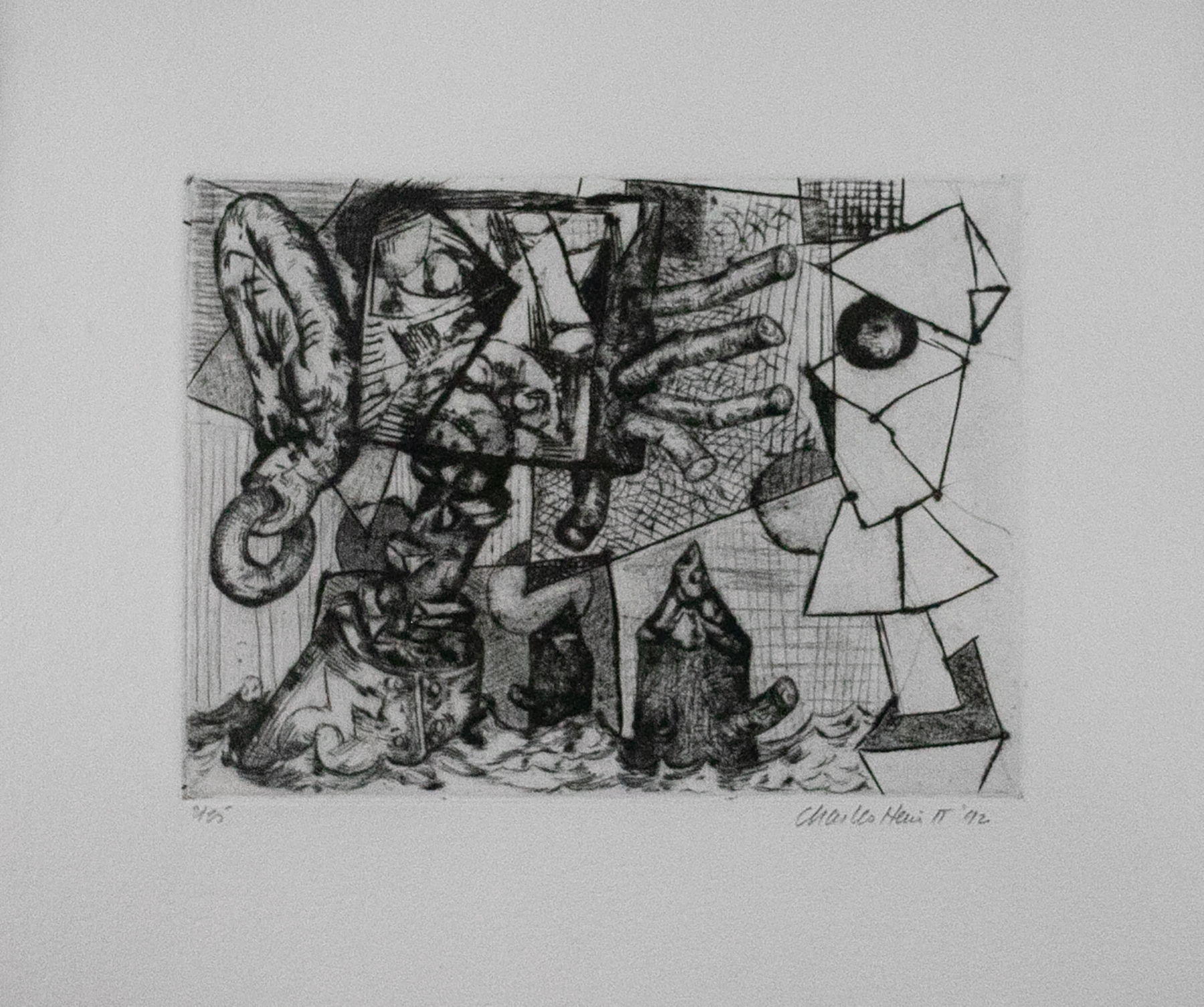 Abstract three dimensional shapes with dark shading on the left and outlined shapes on the right.