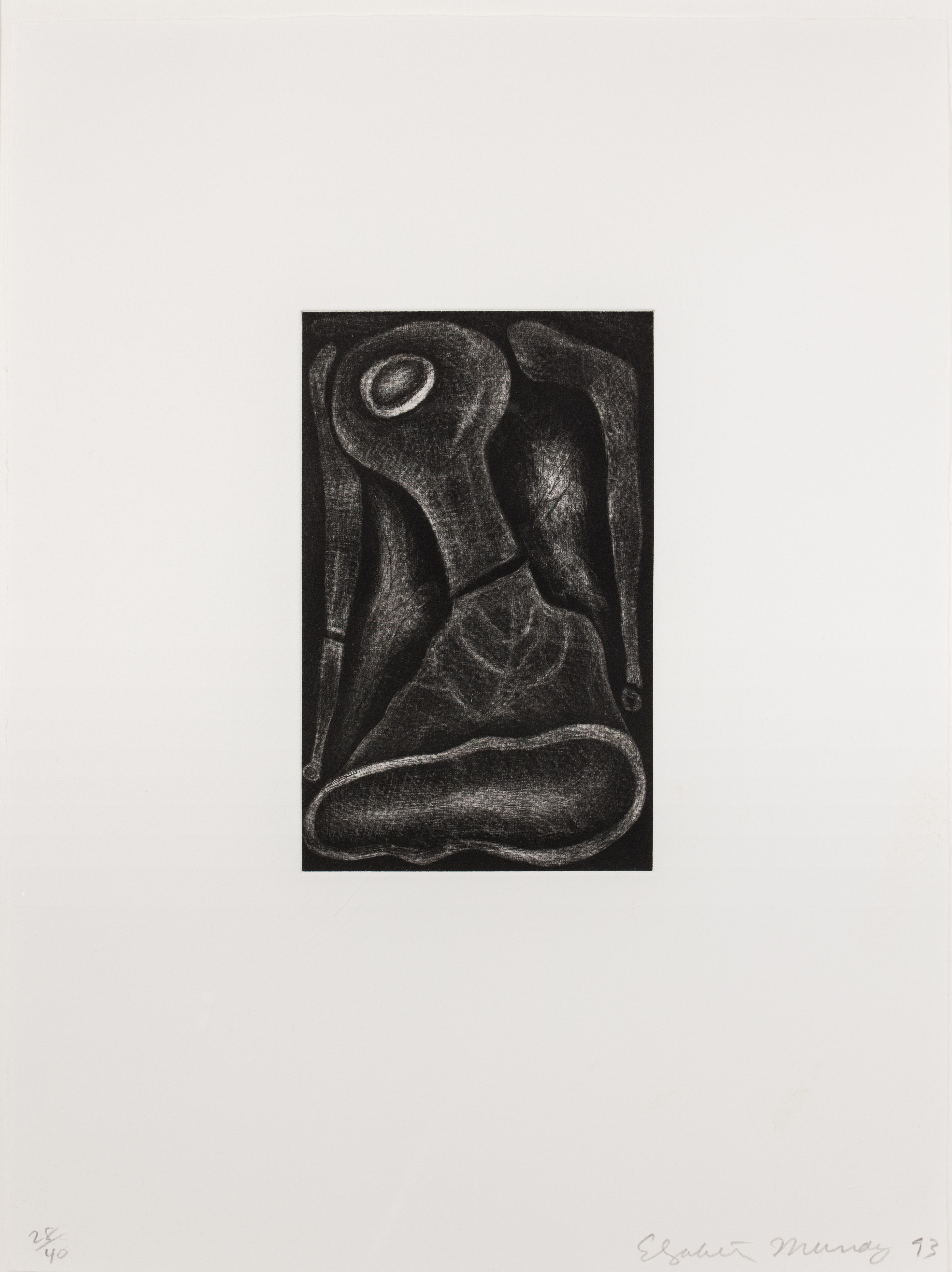 Print of a dark lightbulb with abstract shapes surrounding it and a black background,