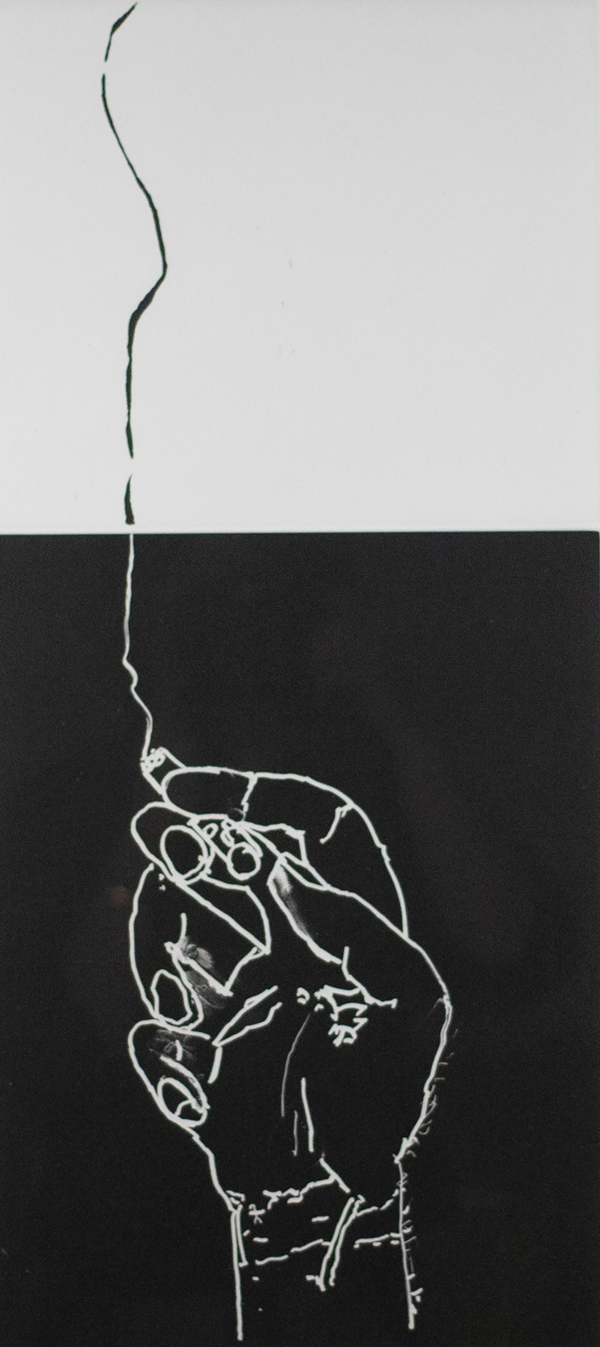 Vertical print with the lower half black with a white outlined hand holding a cigarette and the top half is white with the cigarette smoke going to the top of the frame.