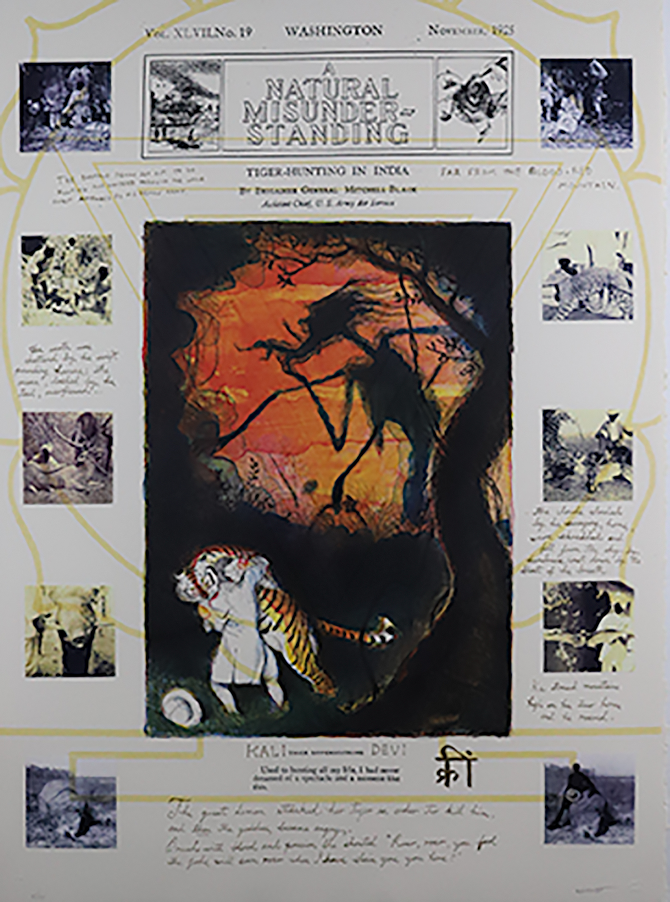 Large photograph in the center of a man carrying a limp tiger with a sunset in the background surrounded by 5 small square photographs on each side with the title that reads &quot;A Natural Misunderstanding.&quot;