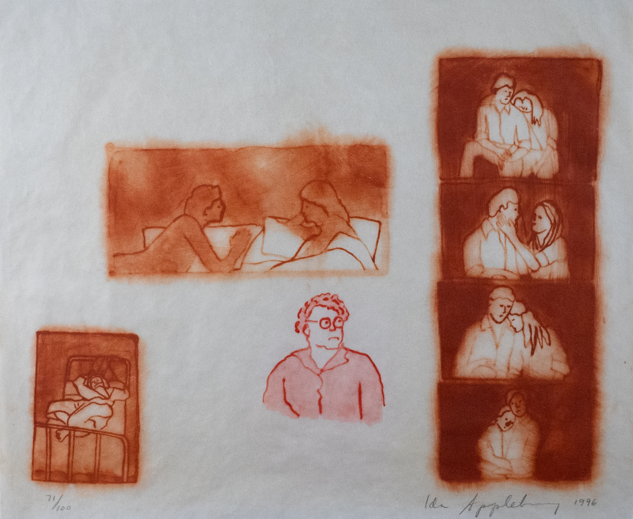 Red print with four scenes, the first is someone reading in bed with someone beside them, the second is two people with their arms around their shoulders, the third is a woman looking to the eft and the fourth is person lying in bed alone.