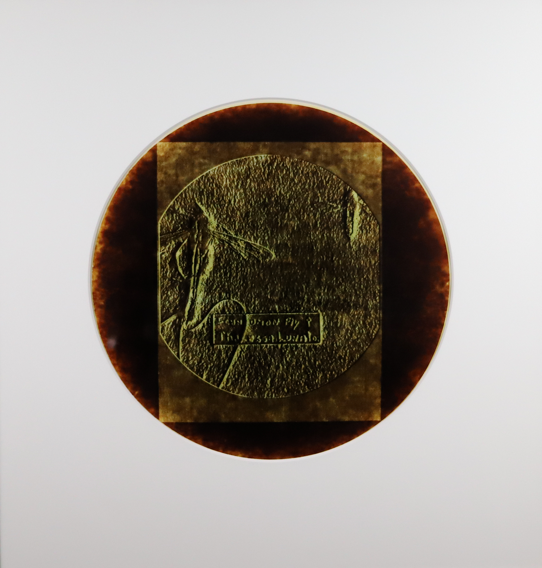 Circular print with a rectangle inside and another circle with an engraved texture.