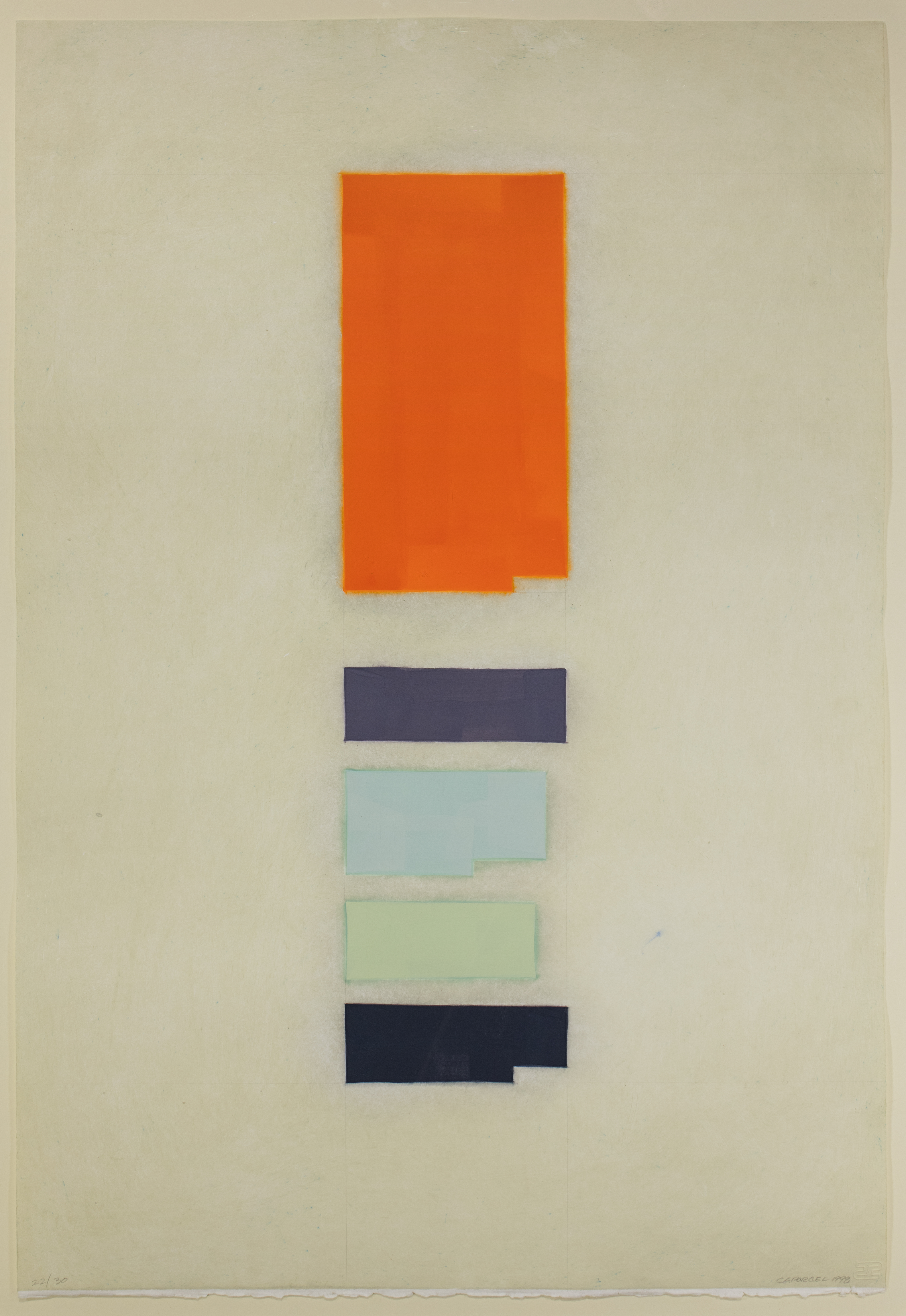 White background with a long orange rectangle and three small rectangles below in purple, light blue, light green, and black.